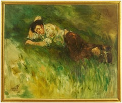 Vintage Young Man Napping on Grassy Hill Israeli Oil Painting