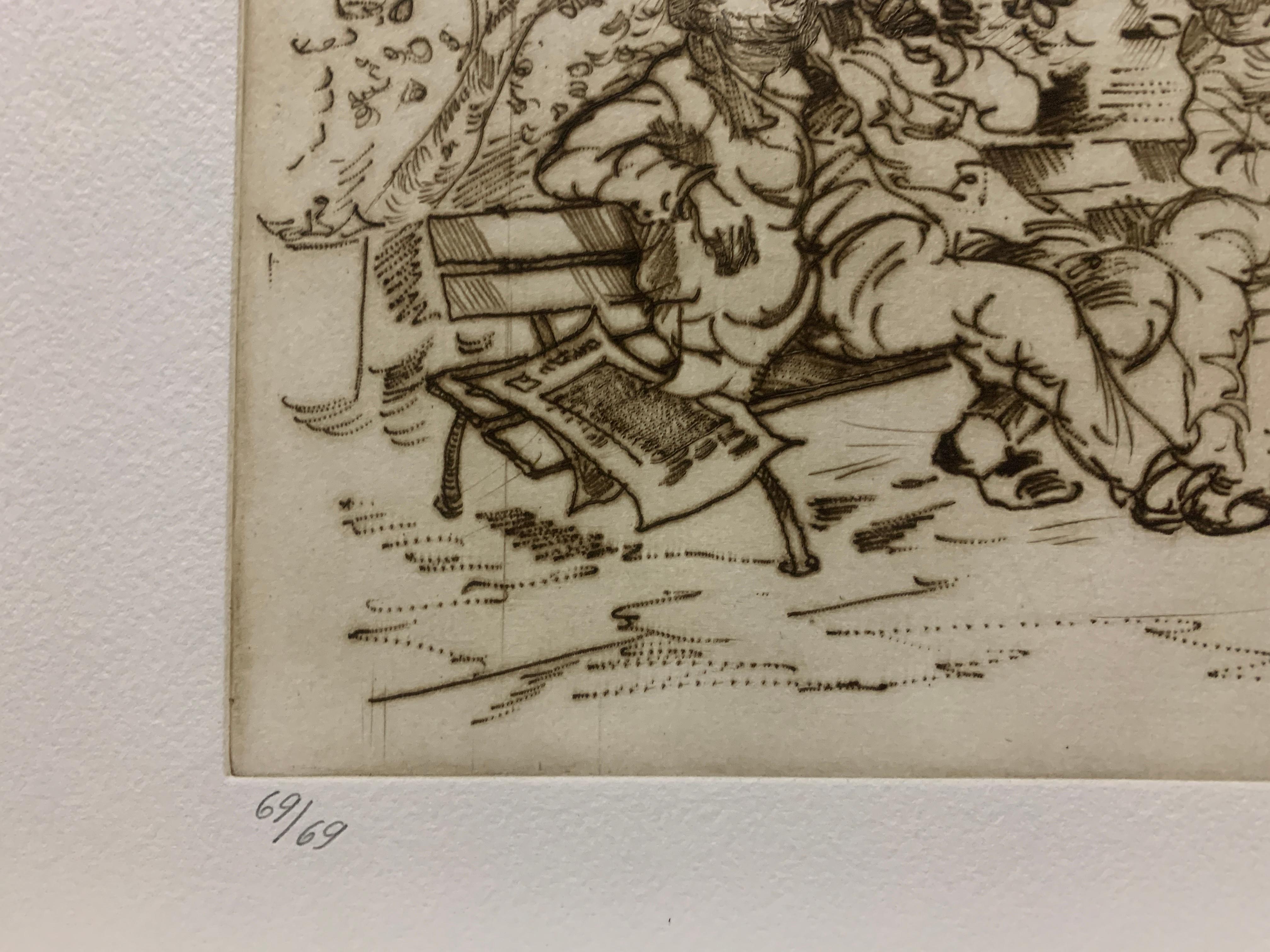 Two Men On Bench - Brown Figurative Print by Moshe Chauski