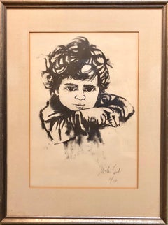 Lithograph Israeli Modernist Judaica, Kibbutz Boy, Bezalel Artist