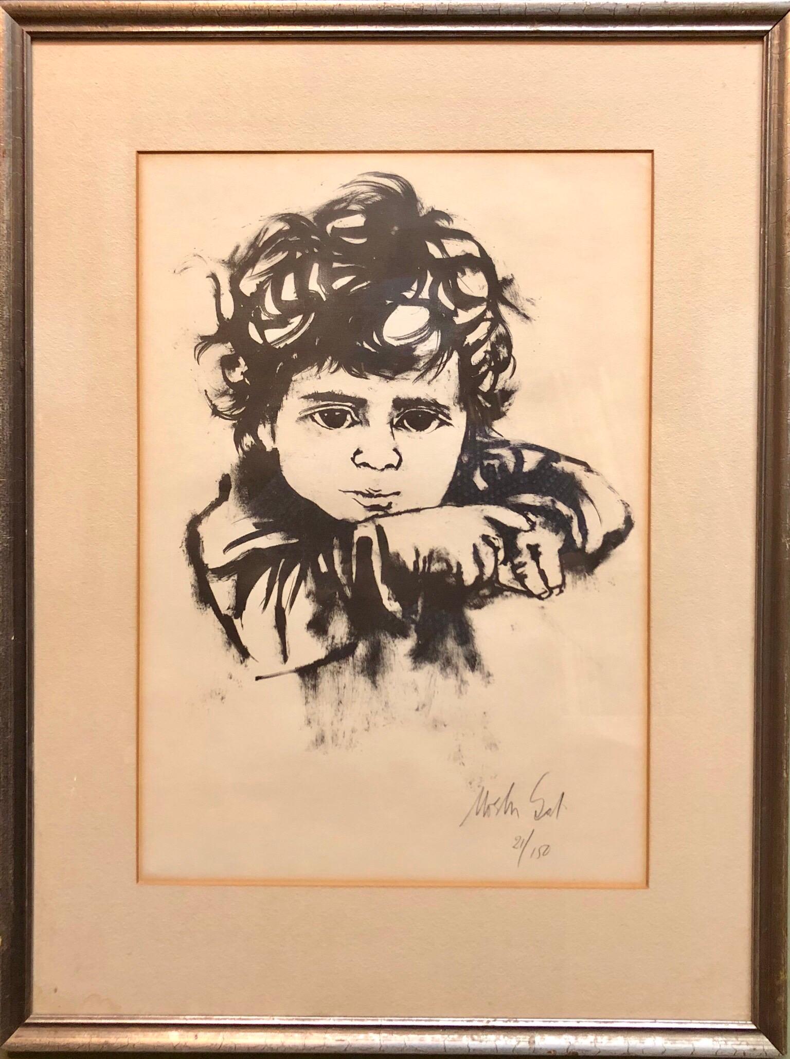 Lithograph Israeli Modernist Judaica, Kibbutz Boy, Bezalel Artist - Print by Moshe Gat