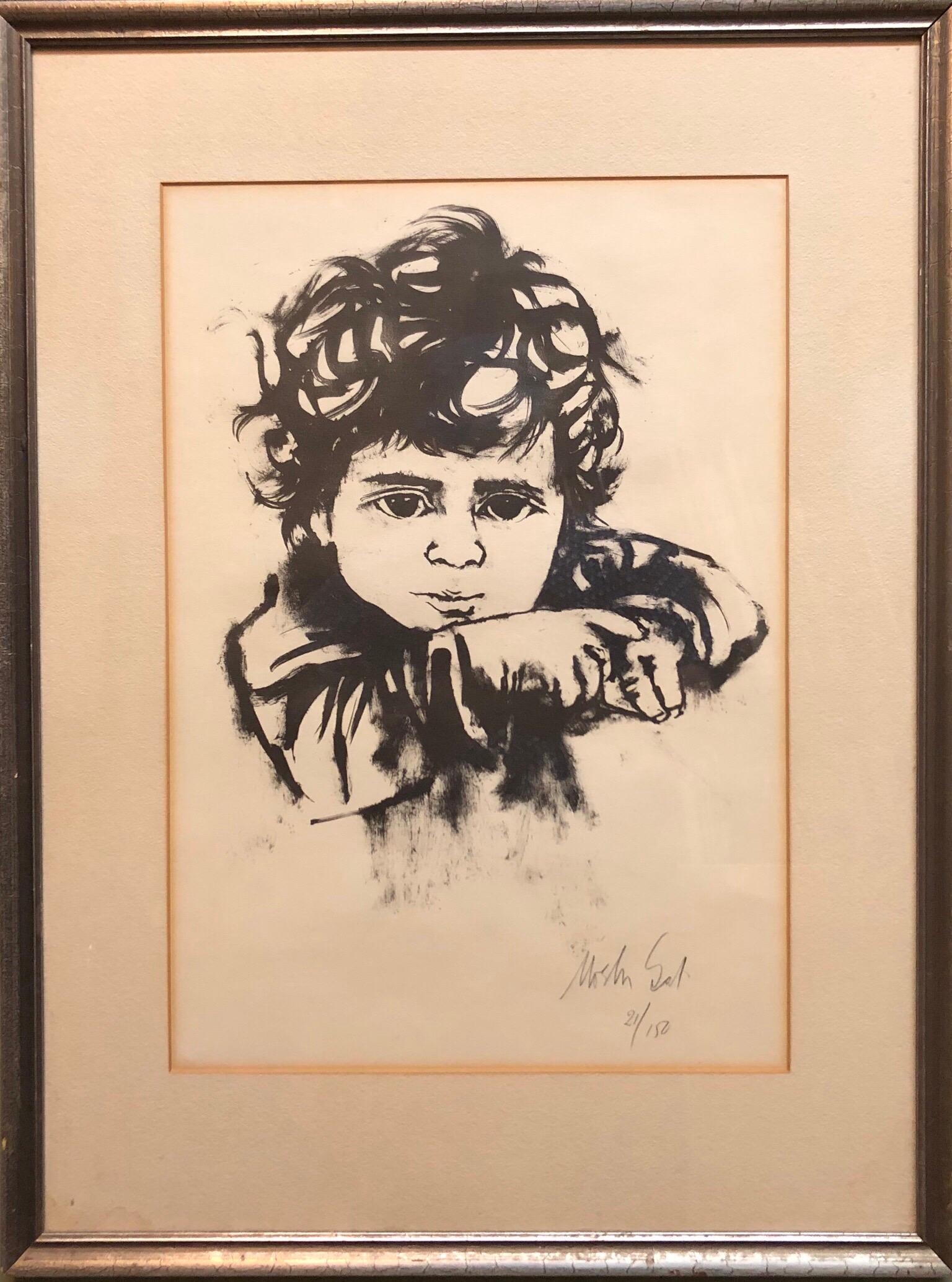 Moshe Gat Figurative Print - Lithograph Israeli Modernist Judaica, Kibbutz Boy, Bezalel Artist