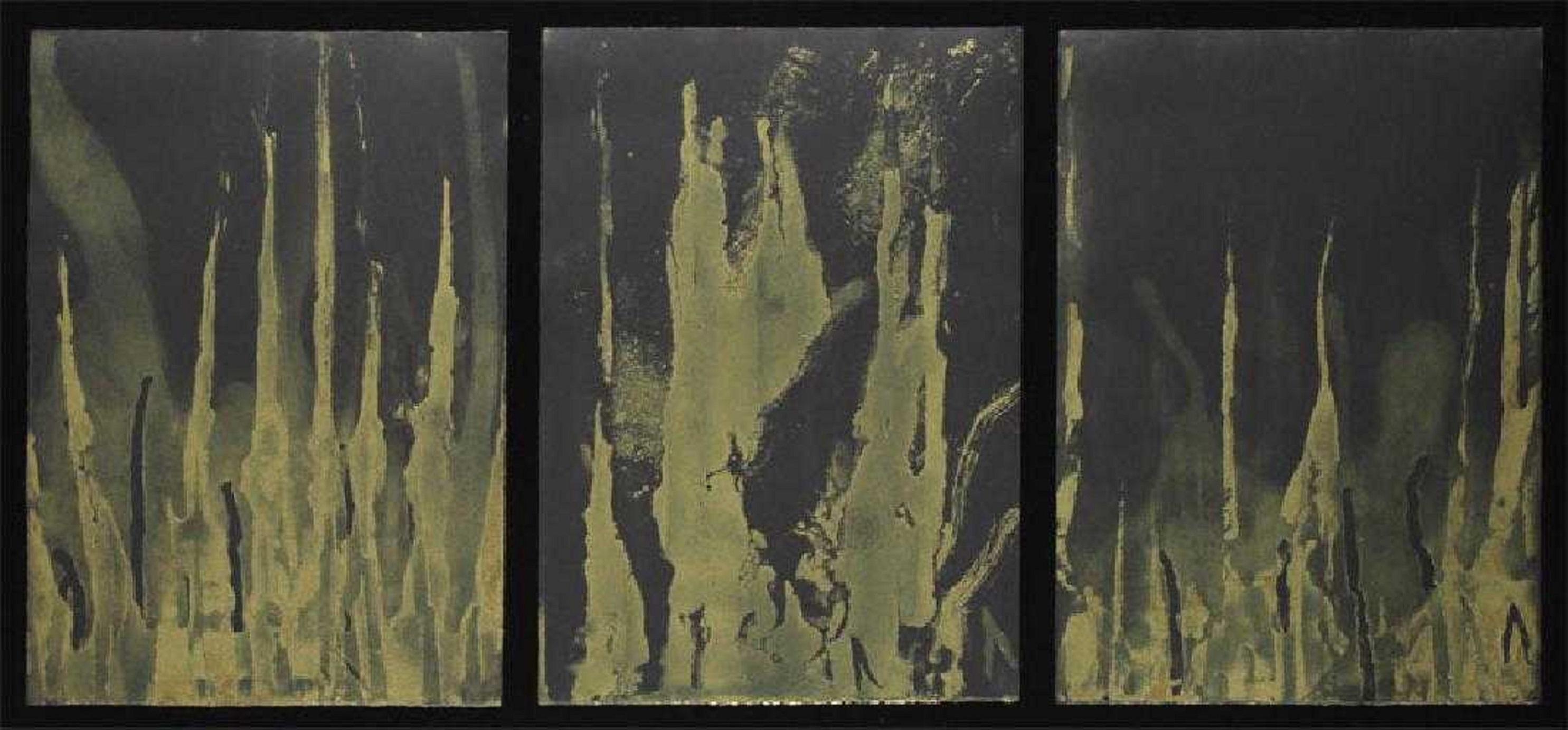 Moshe Gershuni Abstract Print - Triptych Israeli Modernist Abstract Gold Paint Prints Bezalel Artist Gershuni