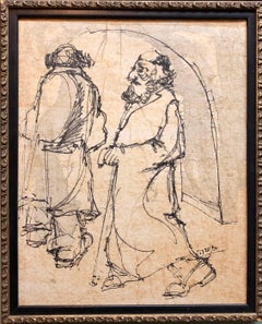 Modernist Israeli Judaica Mixed Media Painting Rabbis Walking In Jerusalem