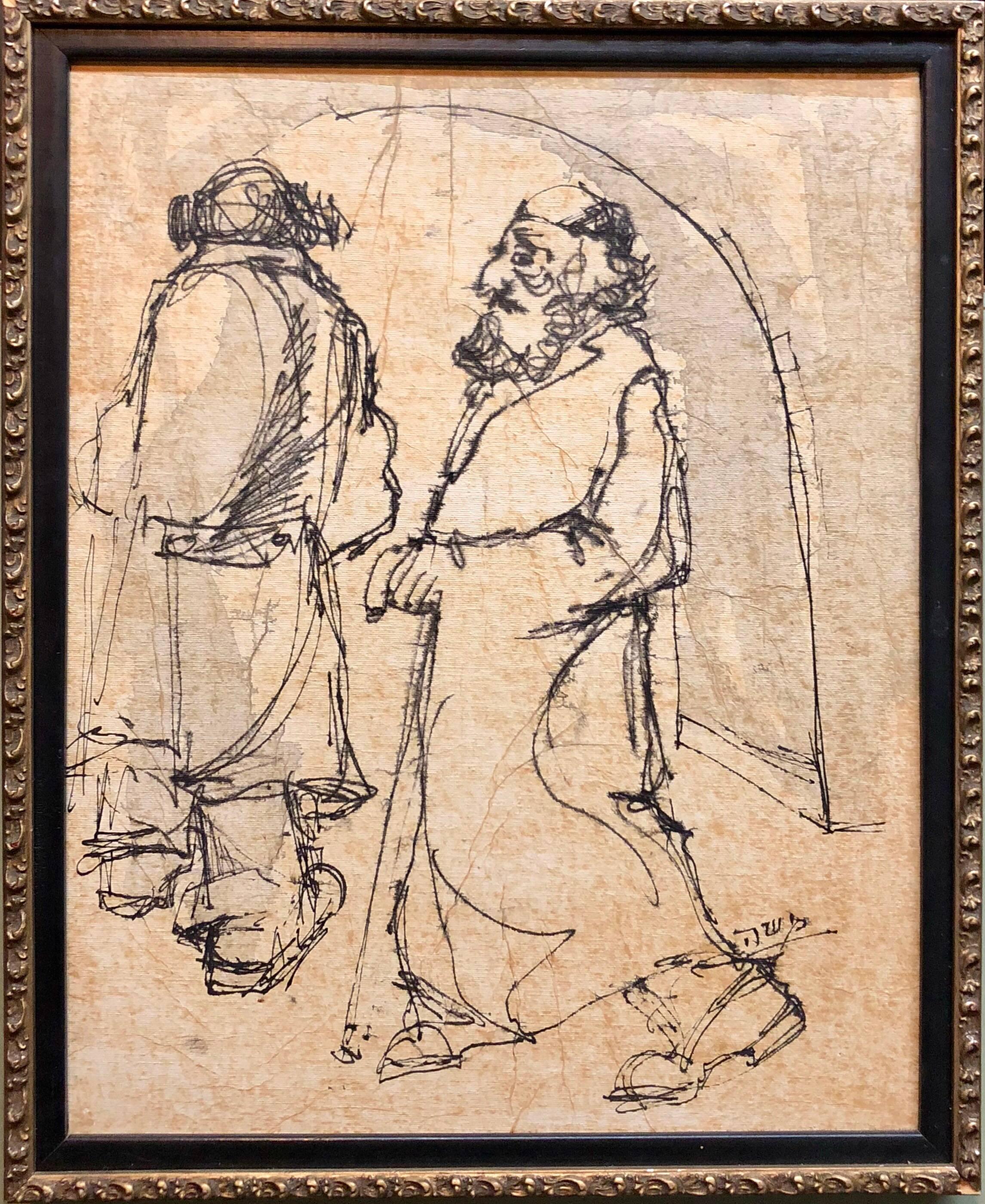 Modernist Israeli Judaica Mixed Media Painting Rabbis Walking In Jerusalem