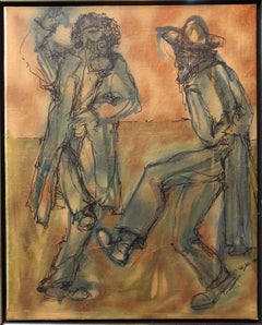 Modernist Israeli Rabbis Dancing in Jerusalem, Judaica, Mixed Media Painting