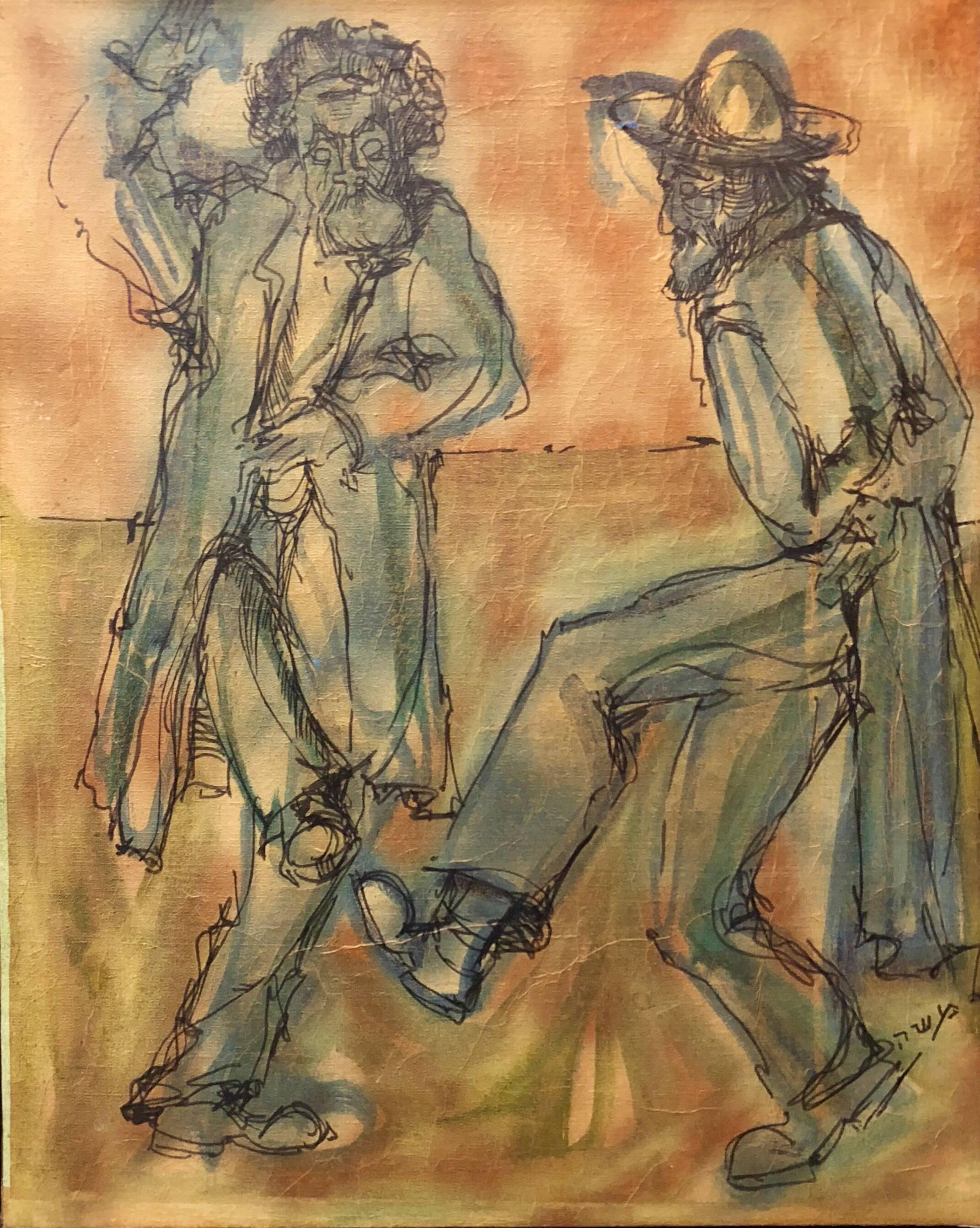 Figurative Painting Moshe Katz - Lapins israéliens dansant à Jérusalem, peinture de supports mixtes modernistes