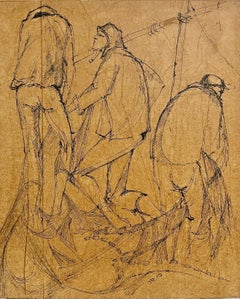 Modernist Israeli Soldiers Judaica Mixed Media Painting IDF Pilots Moshe Katz