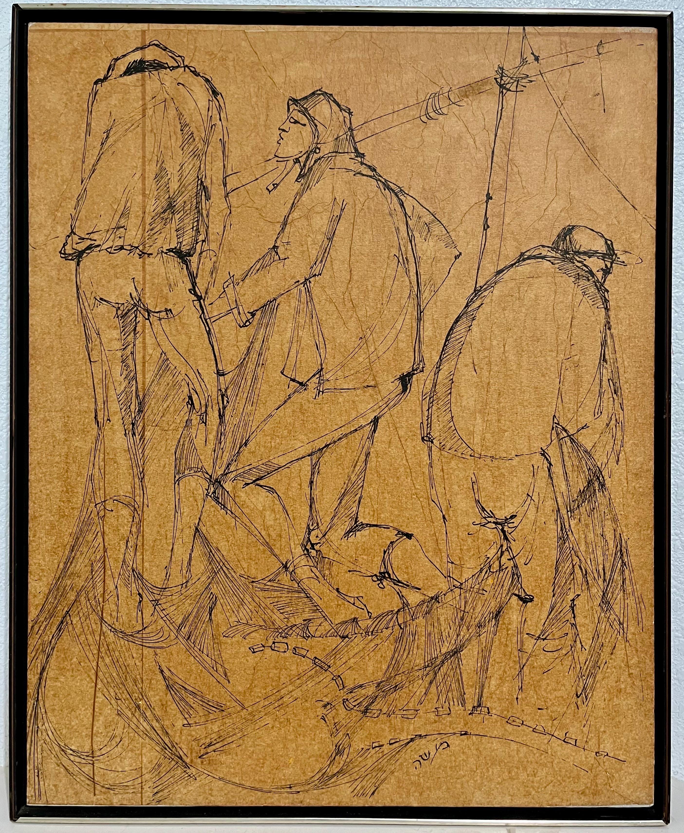 Modernista Soldati israeliani Judaica Pittura a tecnica mista Piloti IDF Moshe Katz