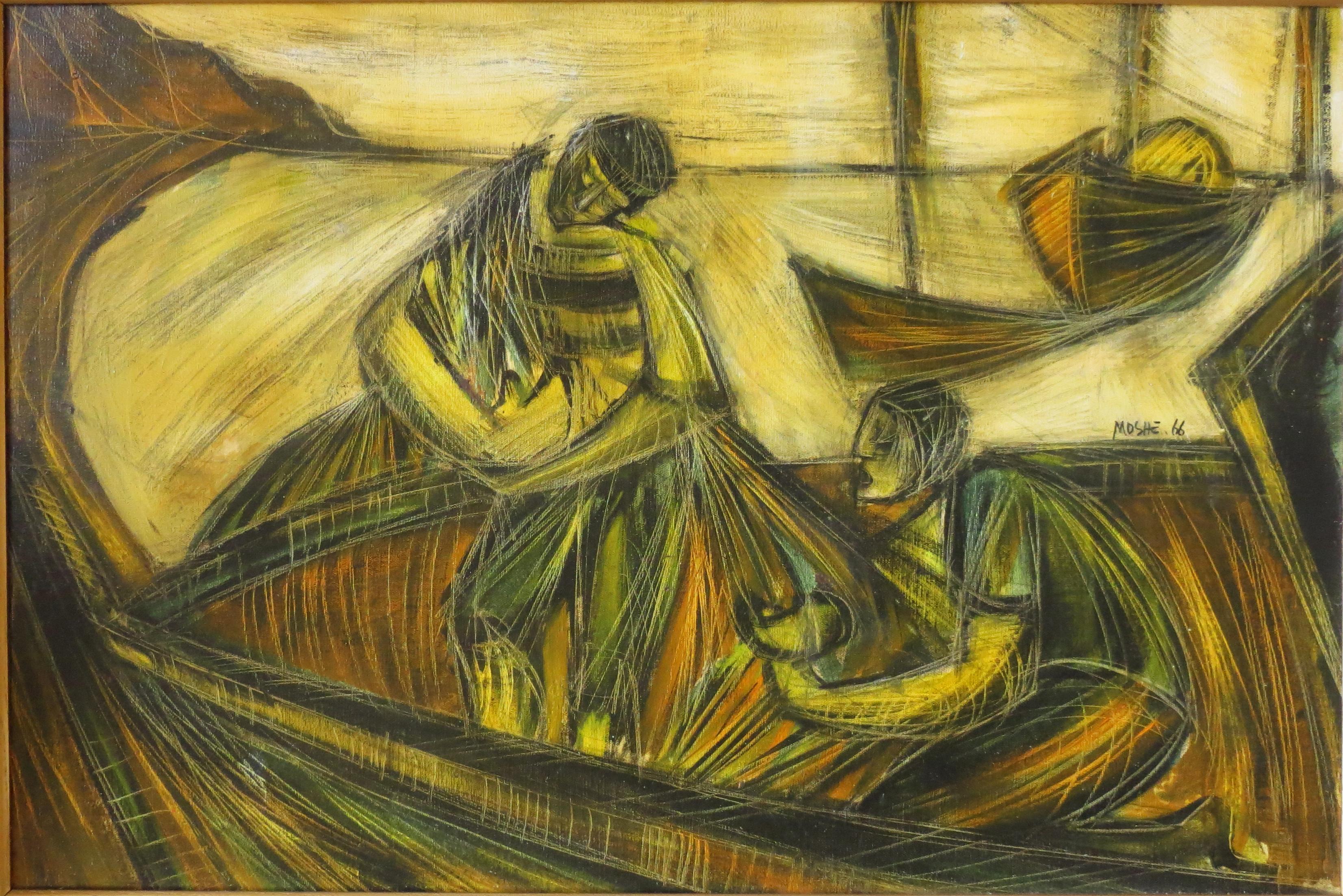 Untitled - Fisherfolk - Painting by Moshe Katz
