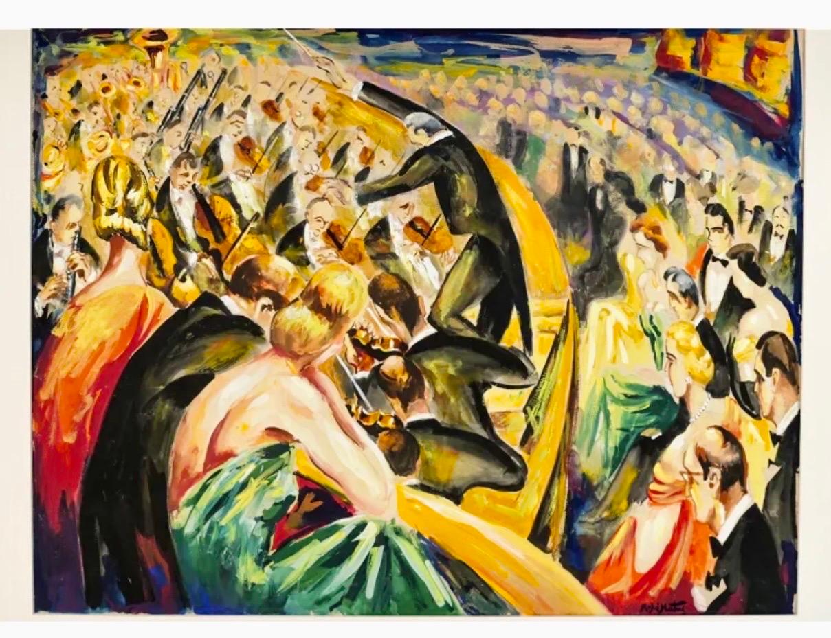 Figurative Painting Moshe Matus (Matusovsky) - Grand tableau moderniste de l'école israélienne de Bezalel sur l'orchestre de Tel Aviv Moshe Matus