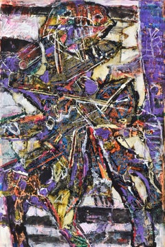 Peinture abstraite en techniques mixtes de Moshe Tamir intitulée "Der Reiter (Le Cavalier)".