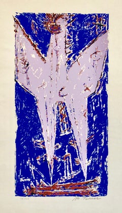 1959 Israeli Moshe Tamir Color Modernist Mixed Media Serigraph Phoenix