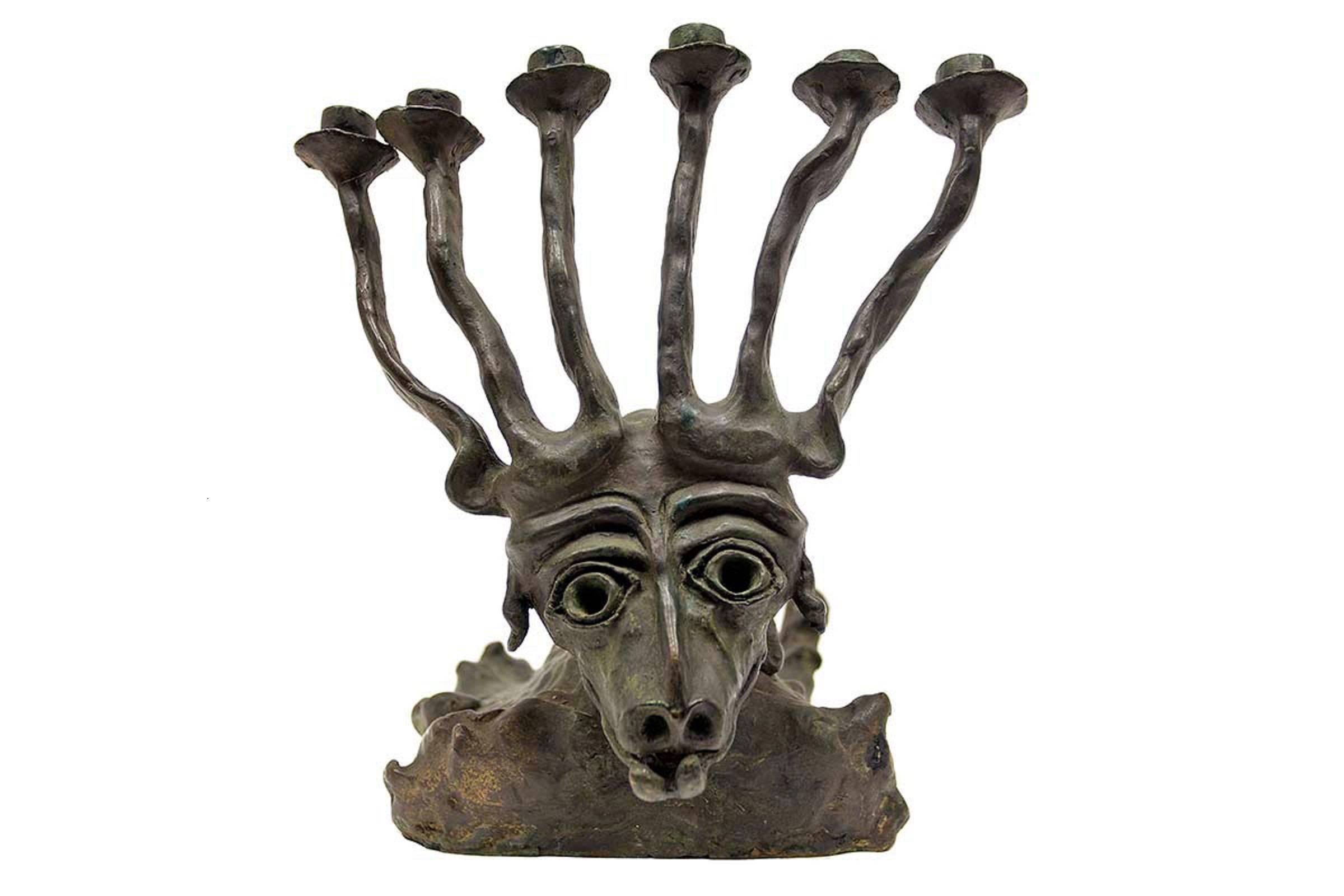 RARE sculpture judaïque et brutaliste d'animaux commémoratifs de l'Holocauste Menorah en bronze