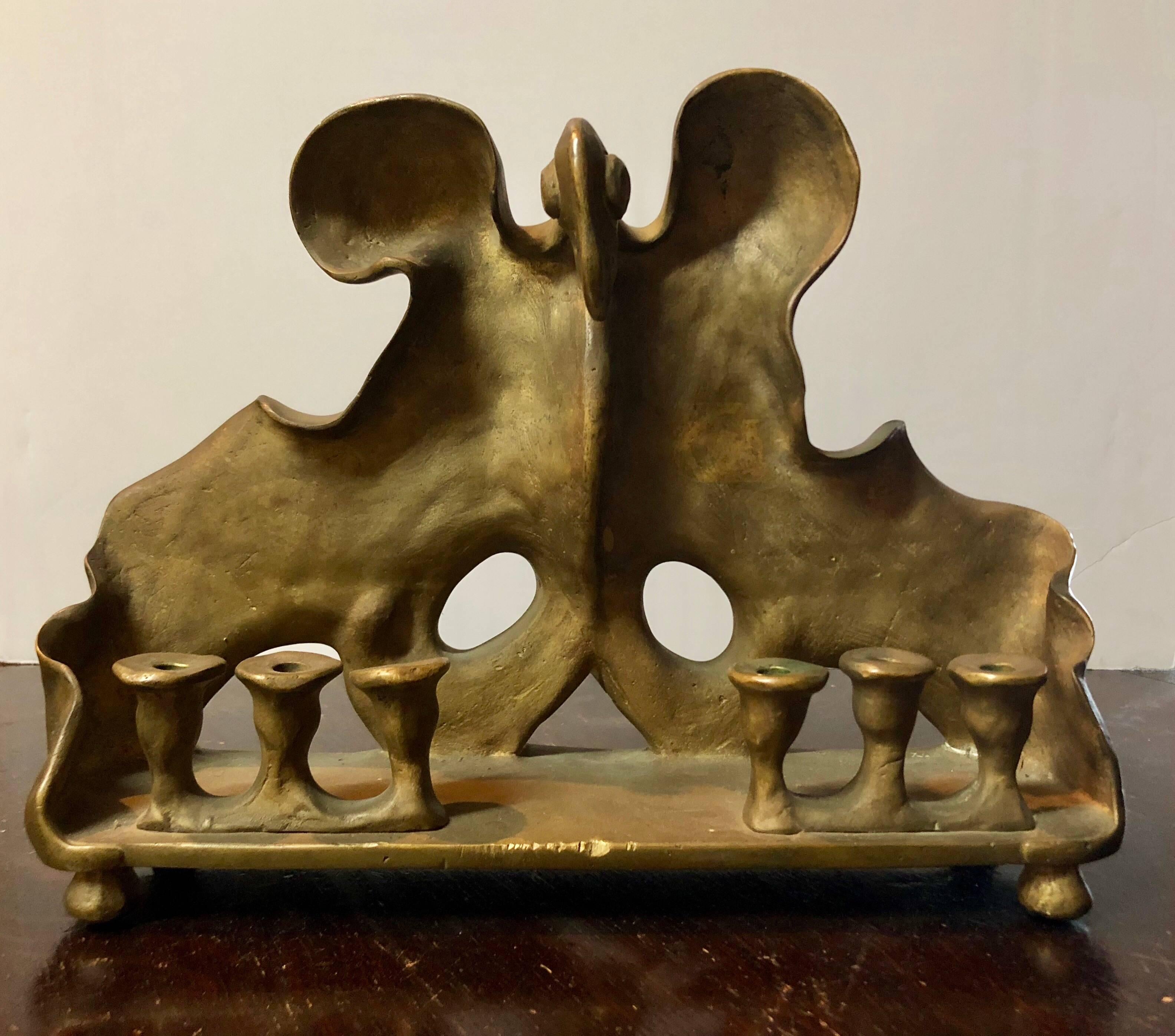 Mosheh Oved Figurative Sculpture - RARE Judaica Holocaust Memorial Menorah Bronze Sculpture