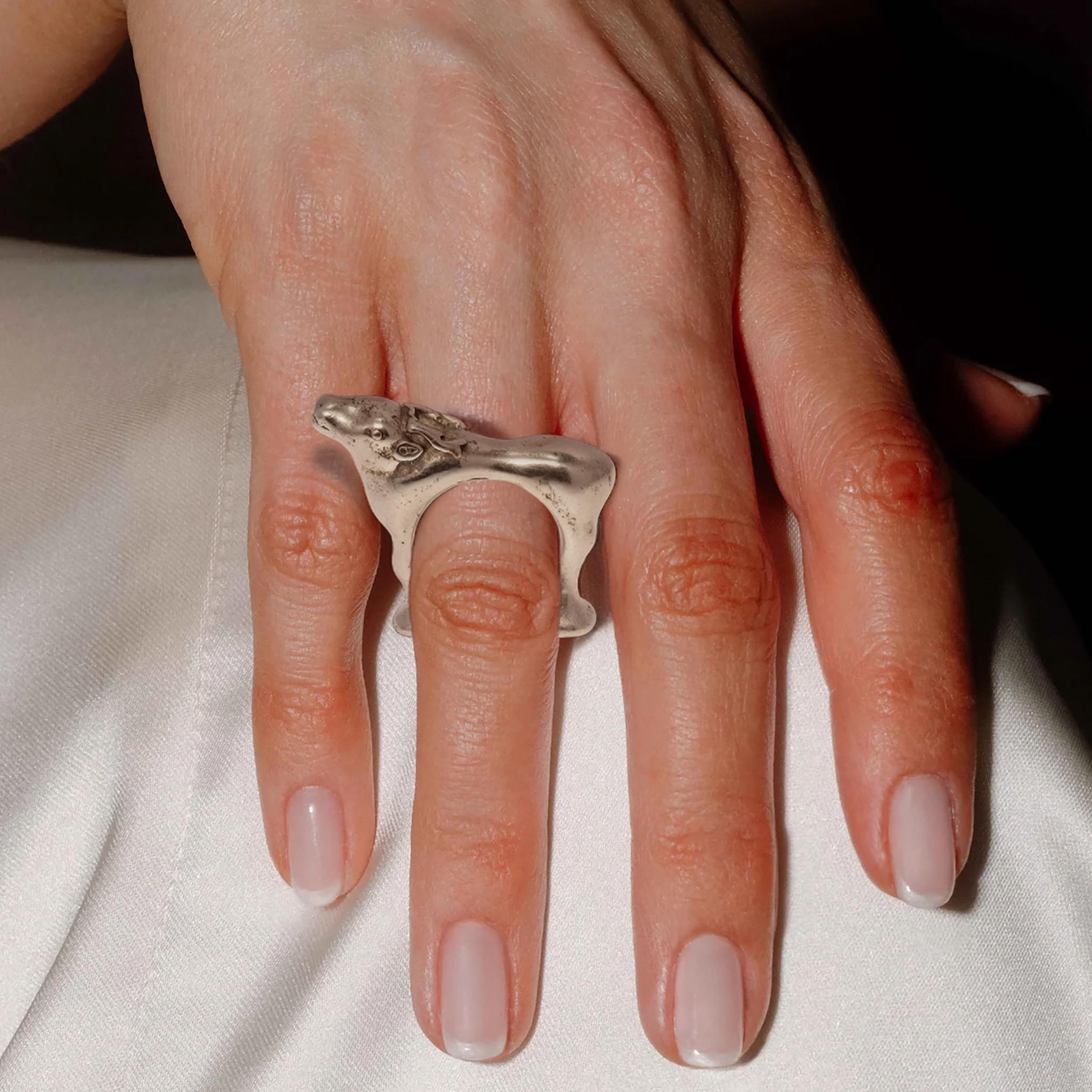 Mosheh Oved Silver Sculptural Deer Free-Standing Ring 1940s For Sale