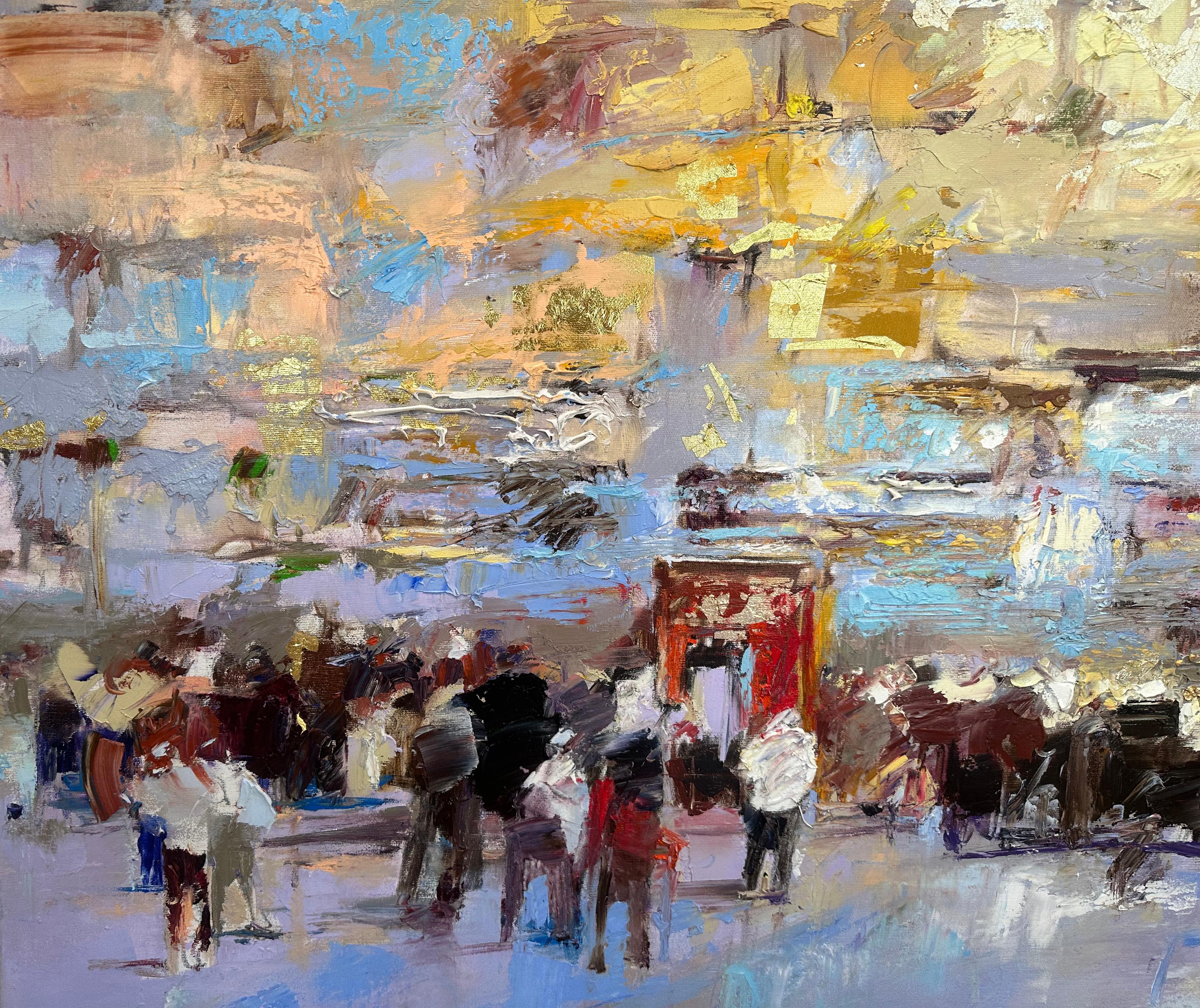Une spectaculaire peinture colorée du Mur occidental avec des feuilles d'or - Marron Landscape Painting par Moskalev Sergei