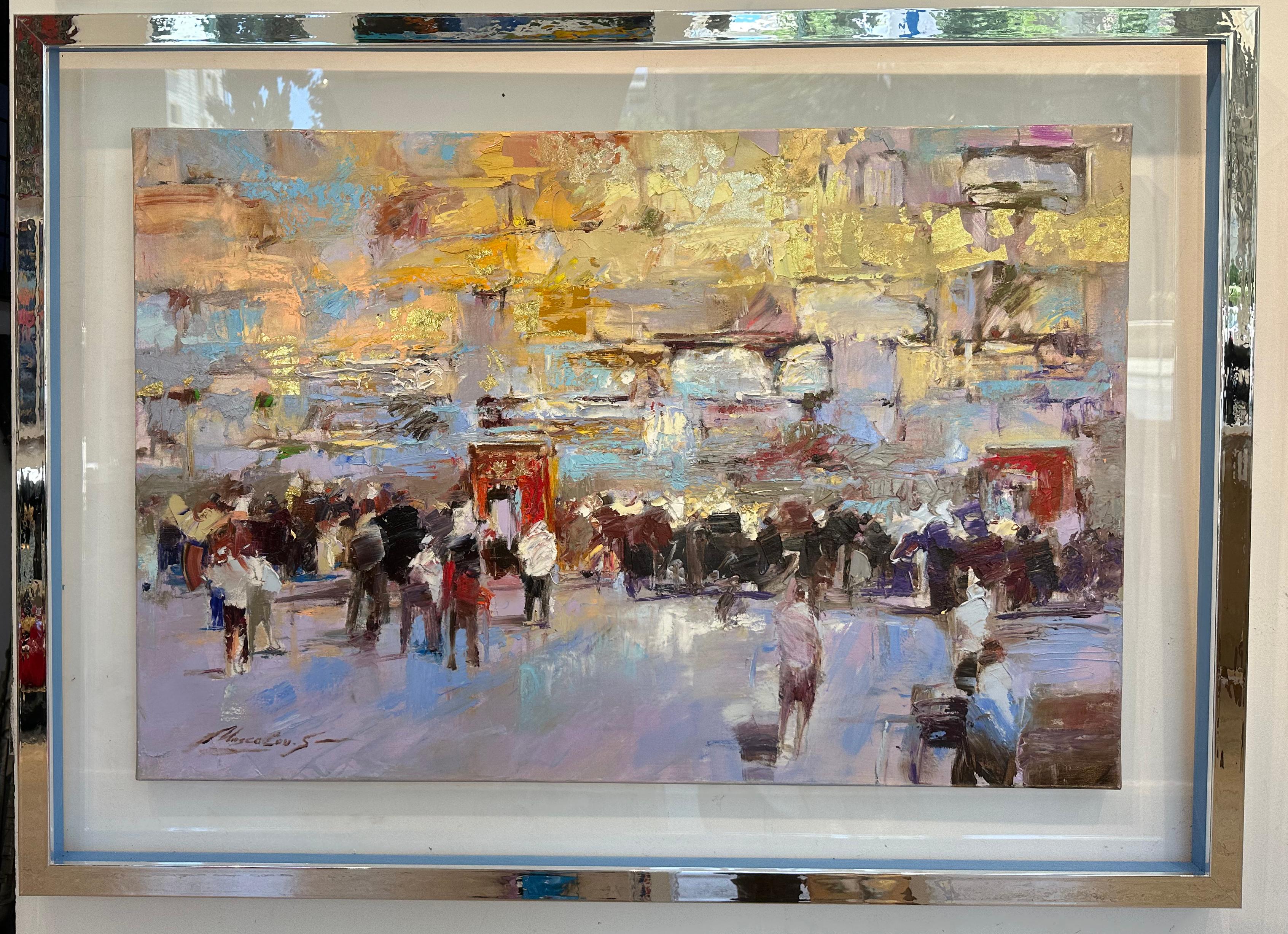 Dans cette œuvre évocatrice, l'artiste Sergei Moskalev capture l'essence spirituelle et l'énergie vibrante du Mur occidental (Kotel) à Jérusalem. Rendue par des coups de pinceau dynamiques et expressifs, la peinture mêle l'abstraction