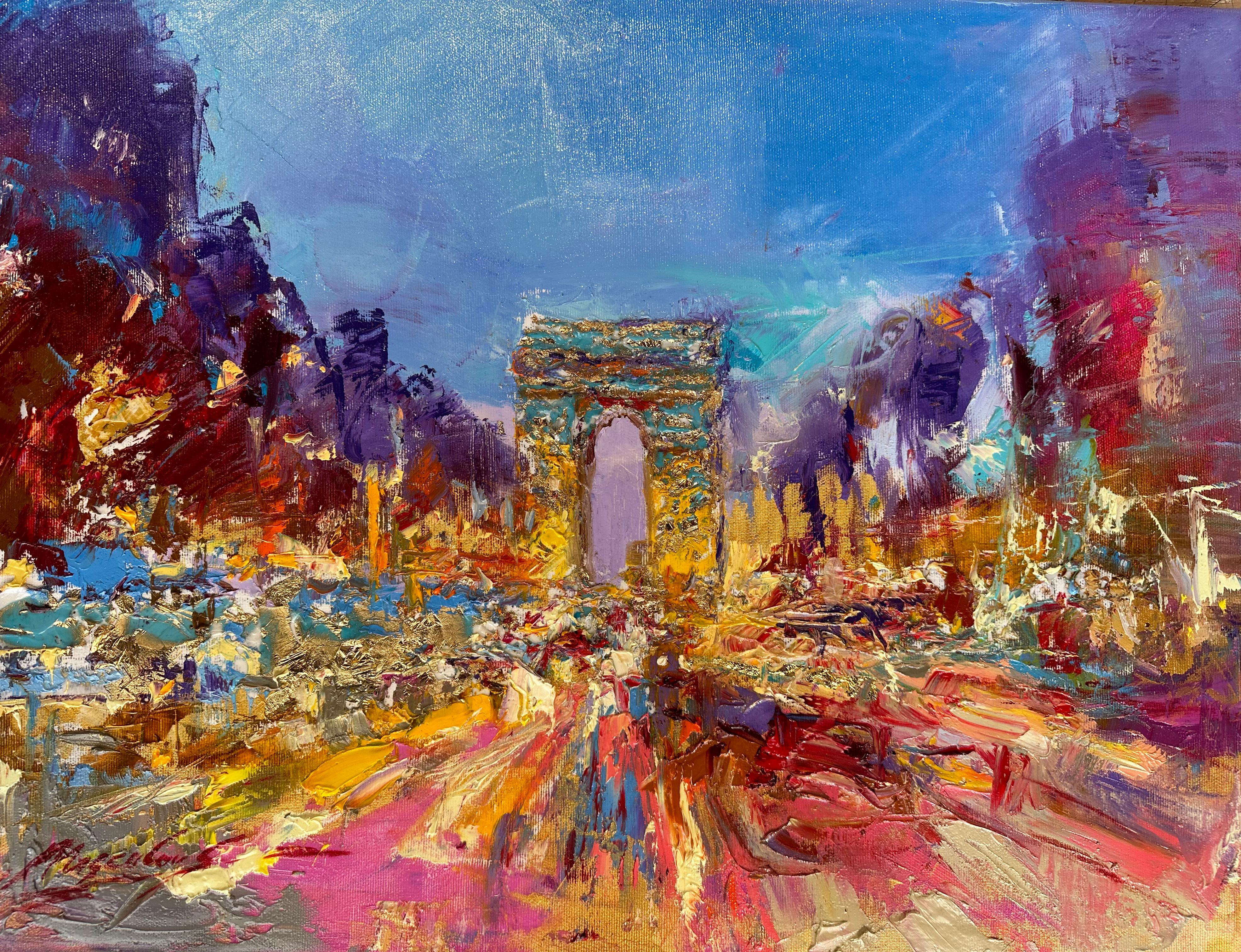 Dans cette peinture vibrante et expressive, l'artiste Sergei Moskalev capture la grandeur intemporelle de l'Arc de Triomphe à Paris. Rendu par des traits audacieux et une palette riche et dynamique, le monument emblématique est illuminé par une