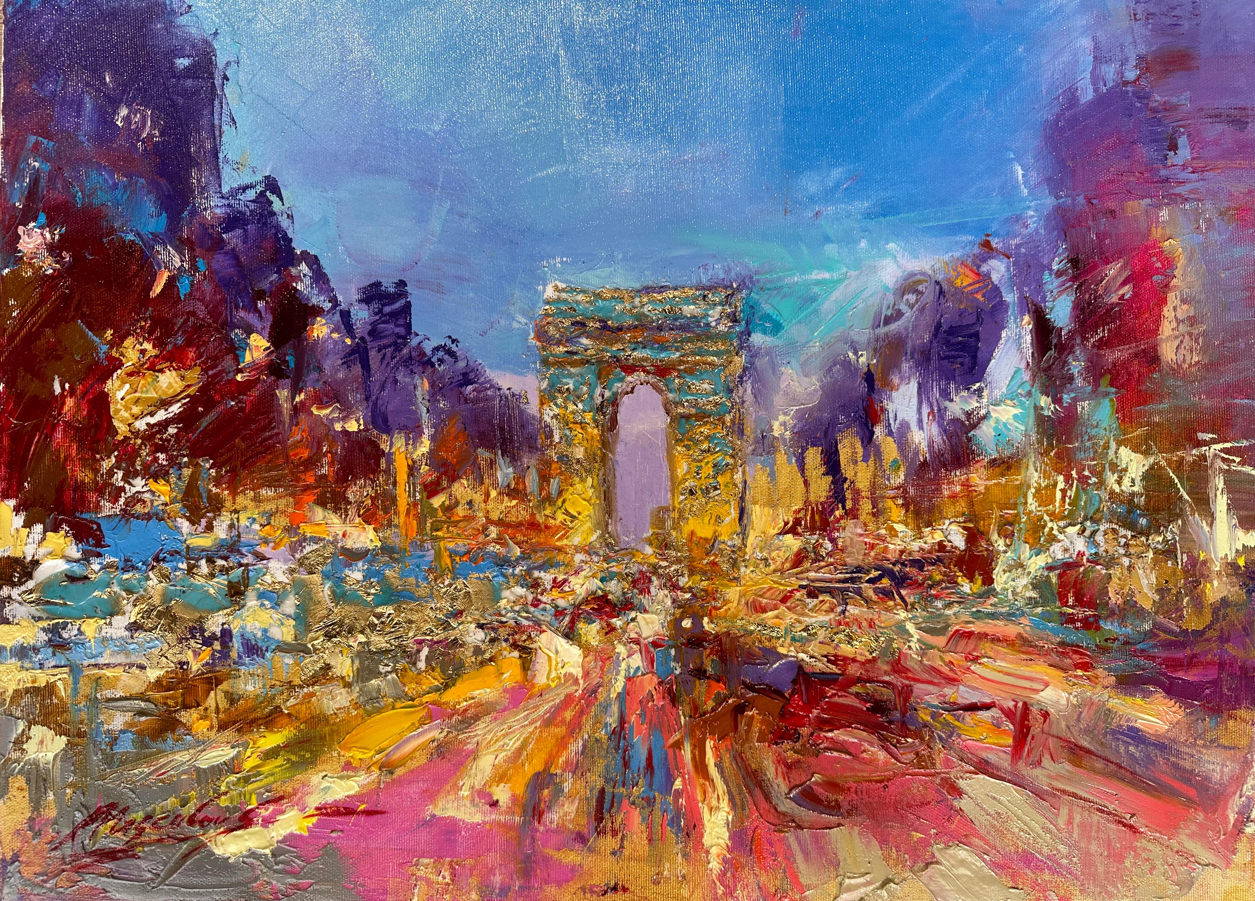 Peinture acrylique sur toile de l'Arc de Triomphe, à Paris, avec des couleurs éclatantes - Painting de Moskalev Sergei