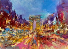 Acrylic painting on canvas of the Arc de Triumph, in Paris, with striking color