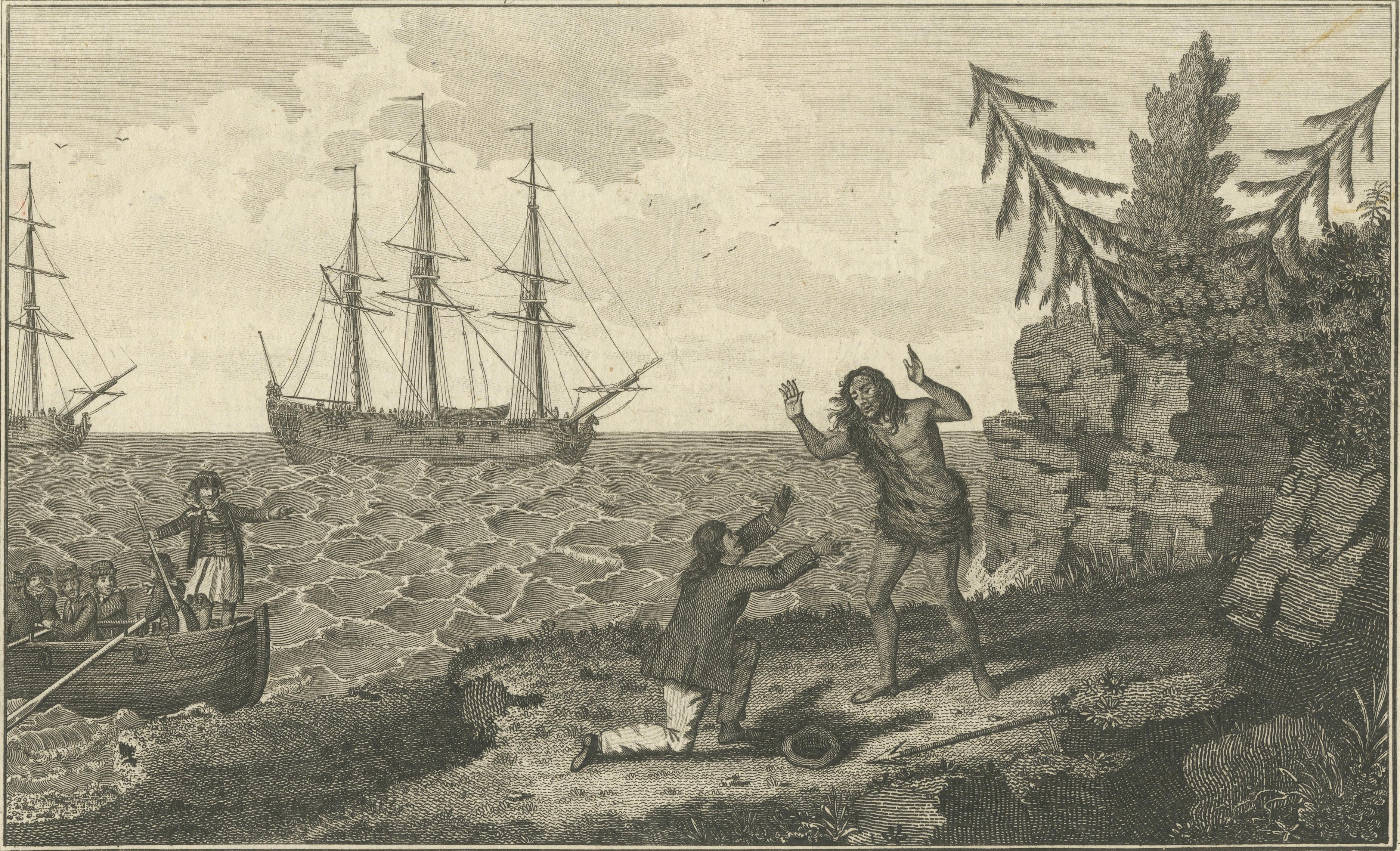 Moskito Men Reunion, Juan Fernandez Island – Dampier Voyage Engraving, ca.1789