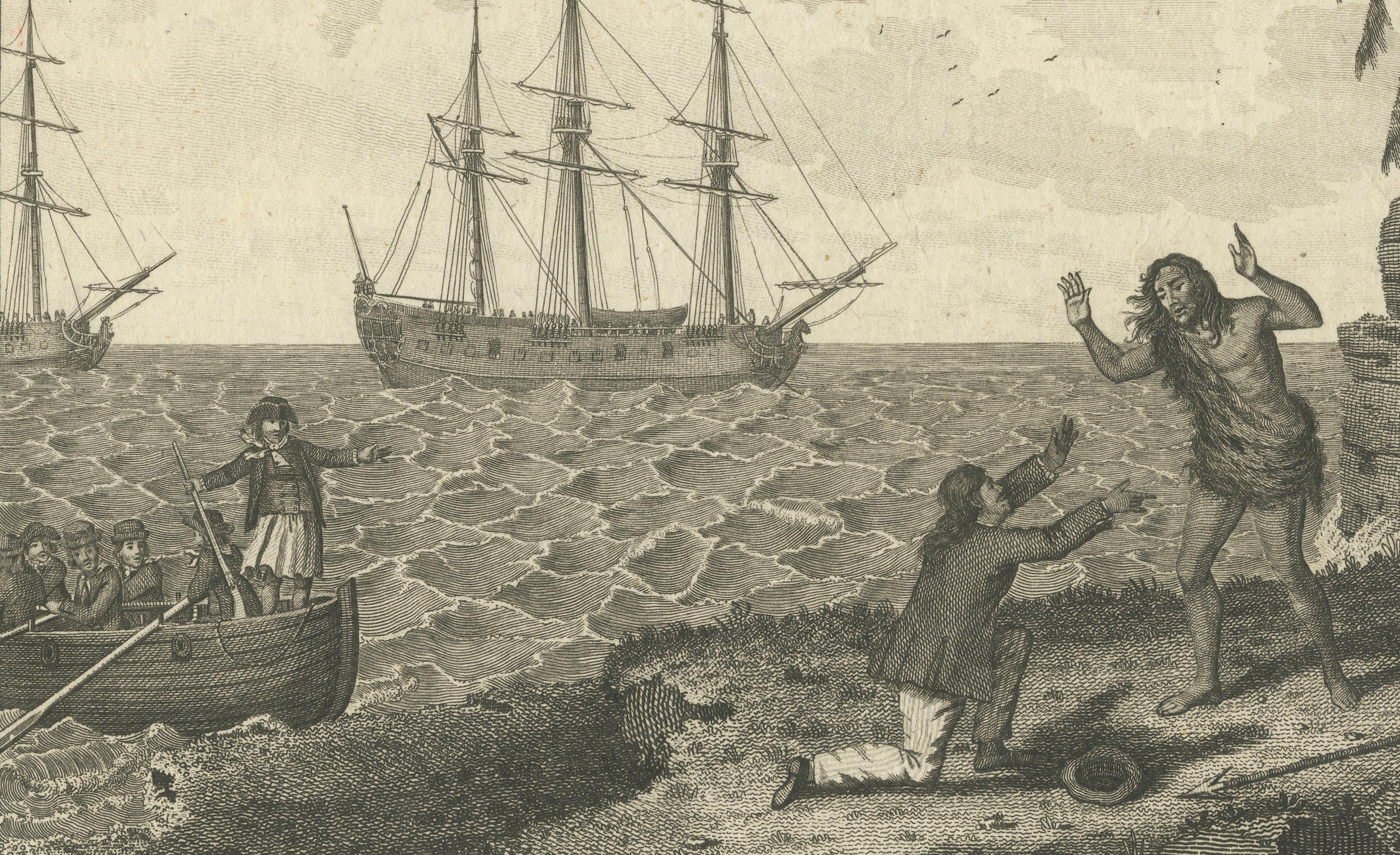 Moskito Men Reunion, Juan Fernandez Island – Dampier Voyage Engraving, ca.1789