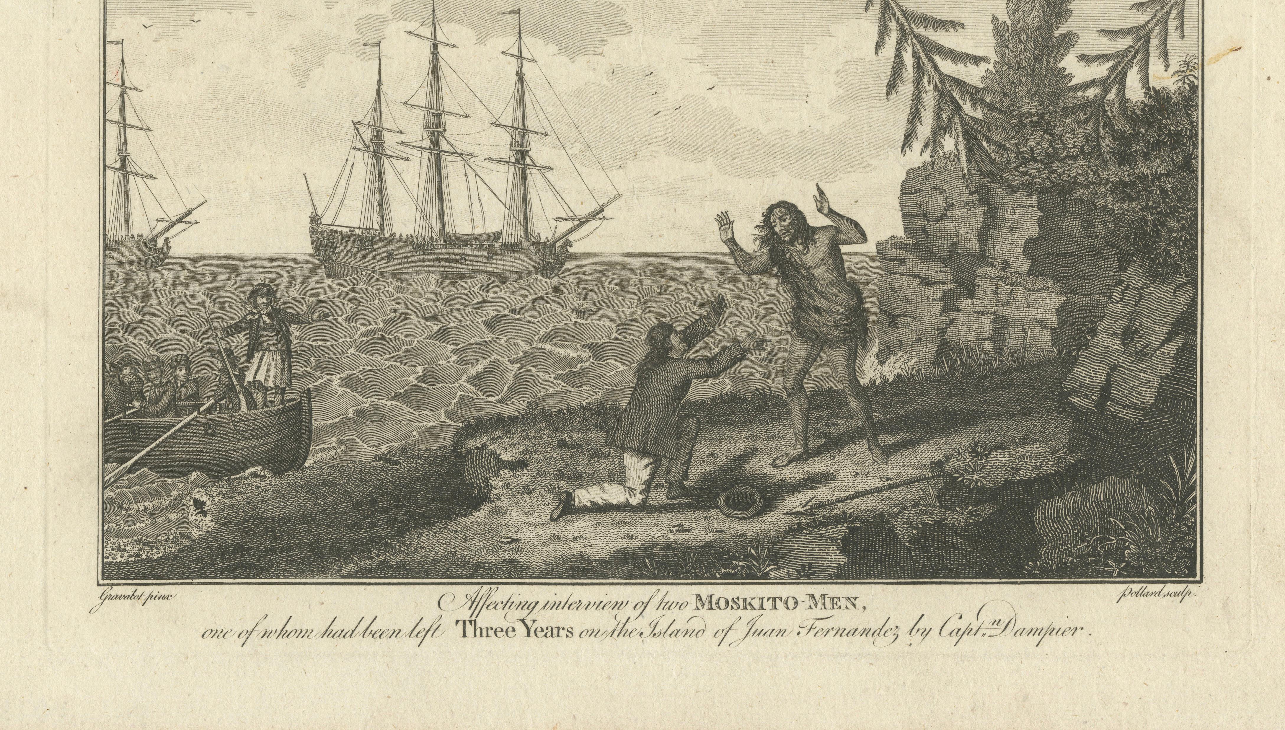 Moskito Men Reunion, Juan Fernandez Island – Dampier Voyage Engraving, ca.1789