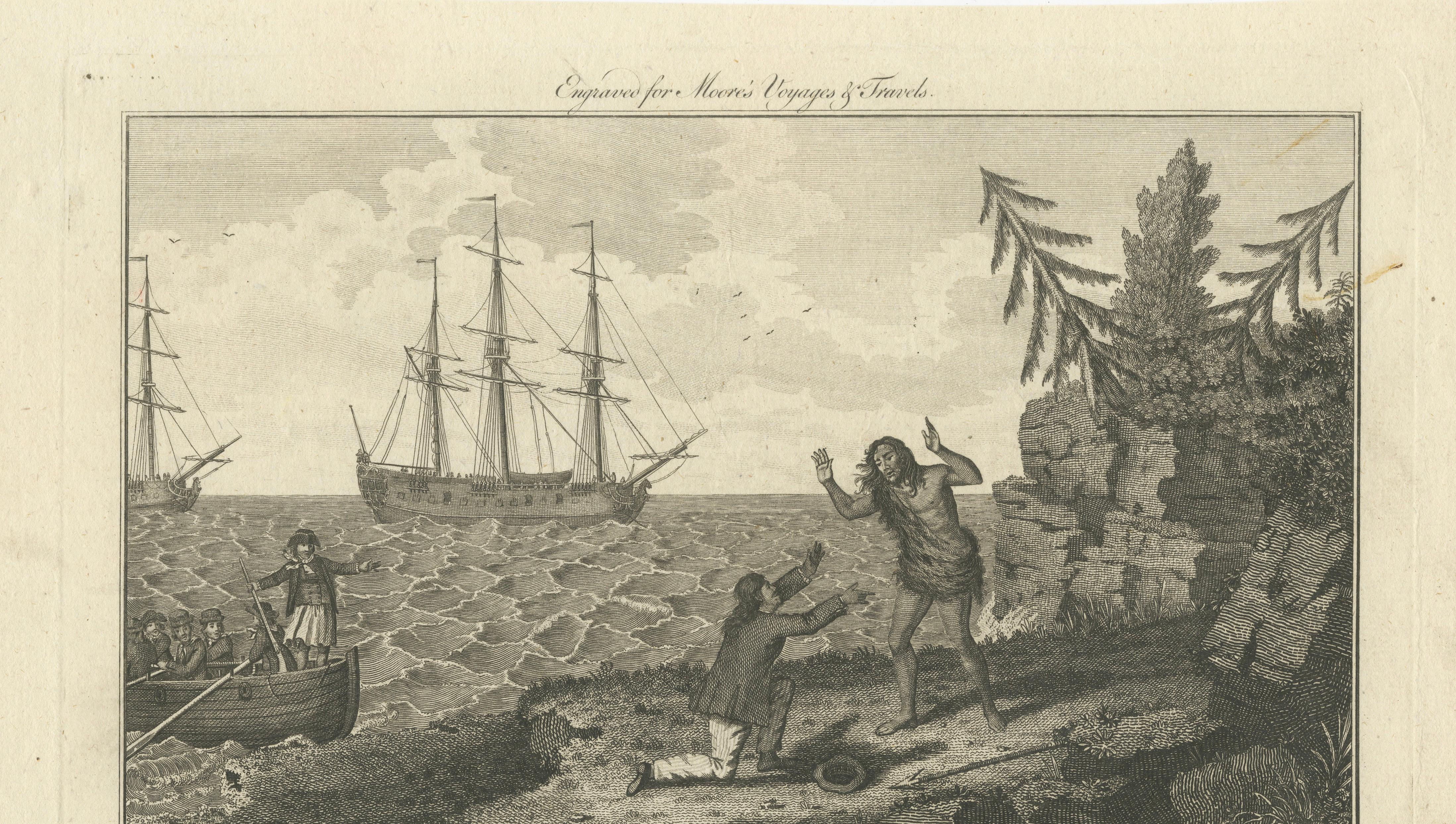 Moskito Men Reunion, Juan Fernandez Island – Dampier Voyage Engraving, ca.1789