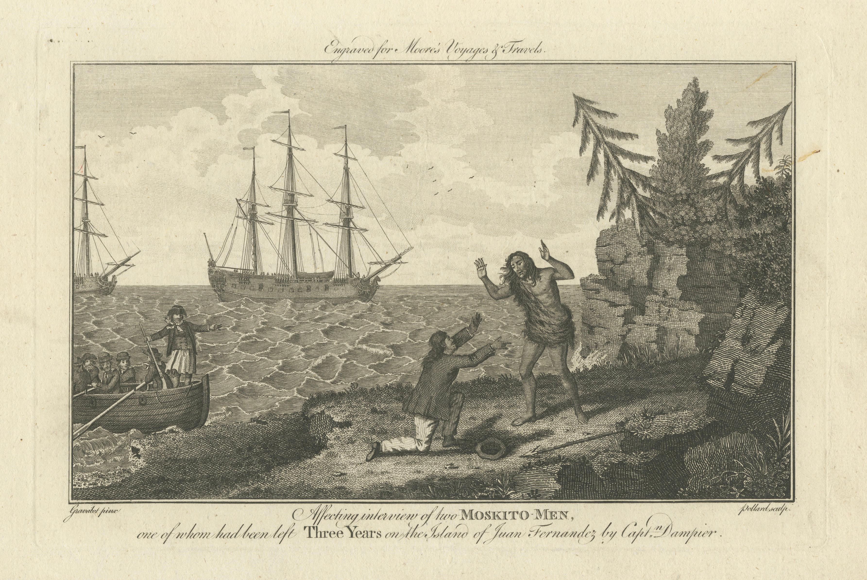 Moskito Men Reunion, Juan Fernandez Island – Dampier Voyage Engraving, ca.1789