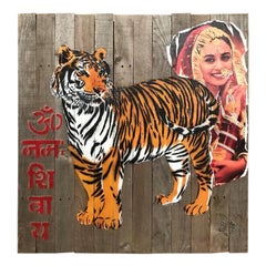 Mosko Signed "Tiger and woman" Creation on Wooden Board, French Paris, 2004