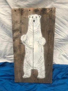Mosko Signed White Bear Painted on Wooden Board, French, 2004