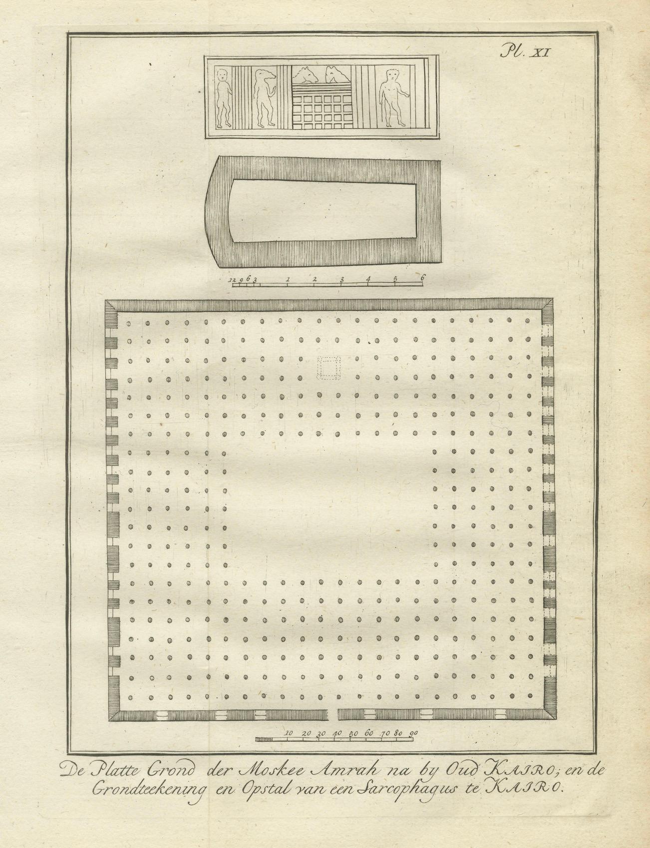 XVIIIe siècle Mosquée d'Amr, Le Vieux Caire & Sarcophage Design - Gravure d'architecture, Egypte 1776 en vente