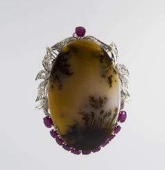 Moss Agate 6.60 Carat Ruby 0.50 Carat Diamond White Gold Pendant