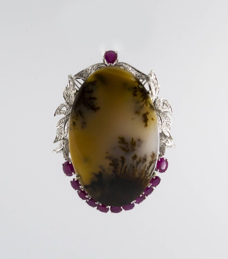 Moss Agate 6.60 Carat Ruby 0.50 Carat Diamond White Gold Pendant In New Condition For Sale In Naples, IT