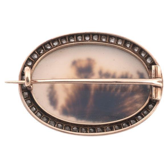 Victorien Broche en agate mousse et diamant 19ème siècle en vente