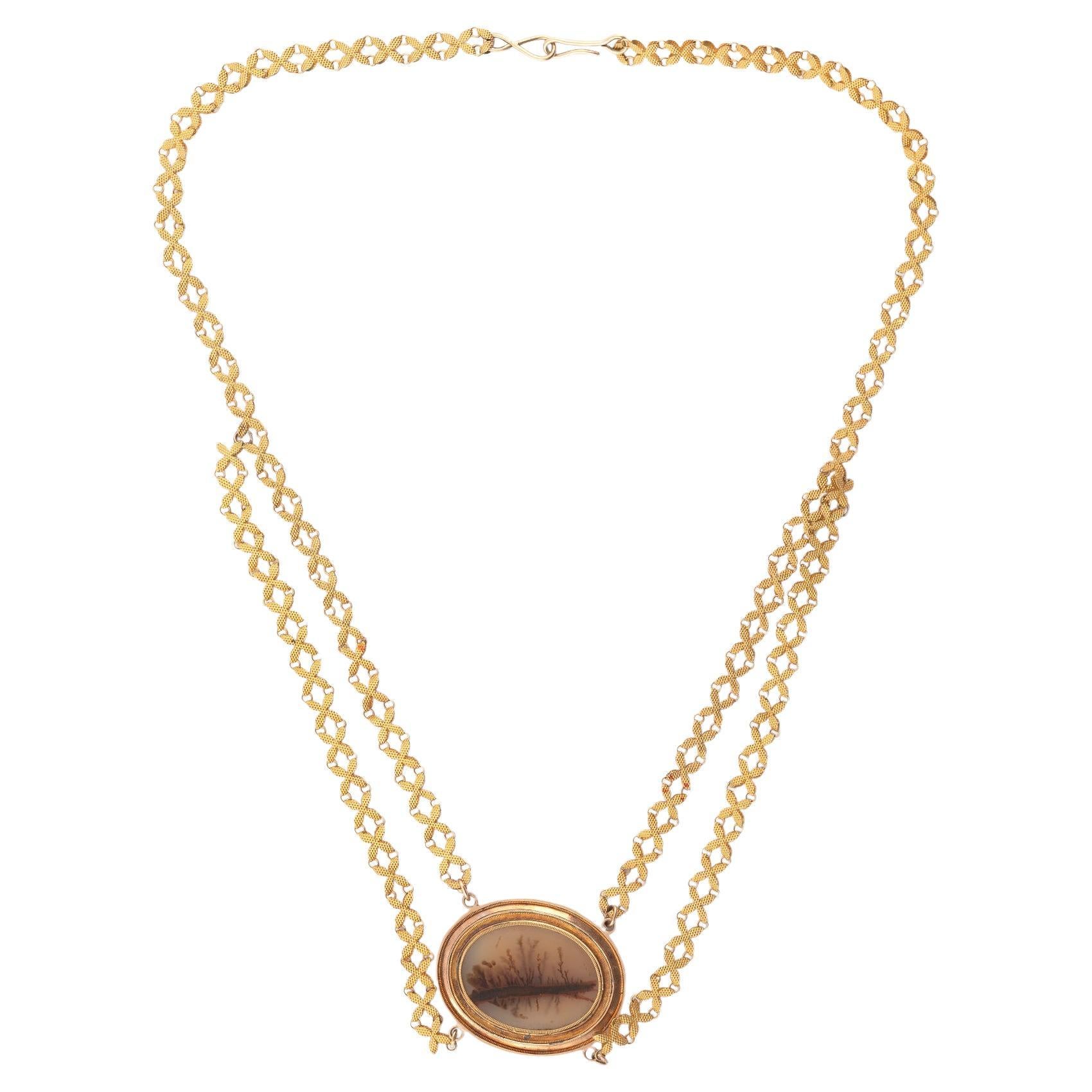 Uncut Moss Agate And Gold Necklace 19th Century