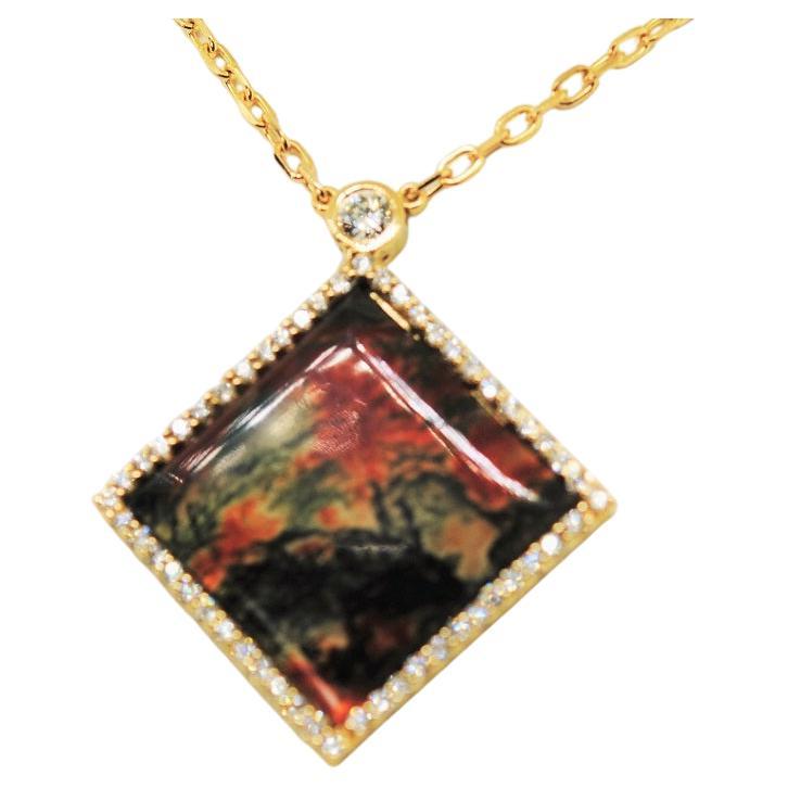 Moss Agate, Diamond '52-1.01 Carat', 18k Yellow Gold Pendant For Sale