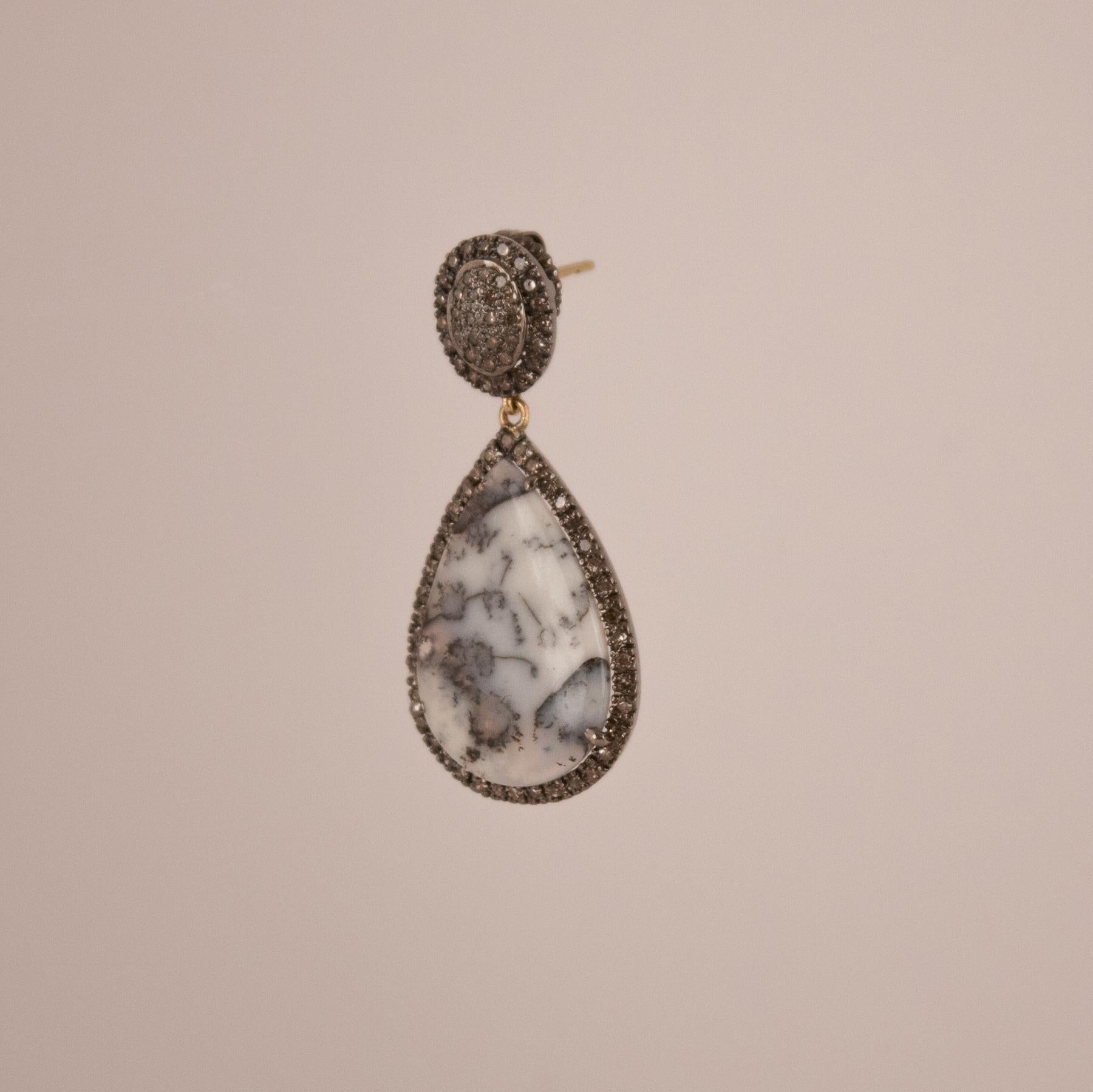 Contemporary Moss Agate Diamond Drop Earrings