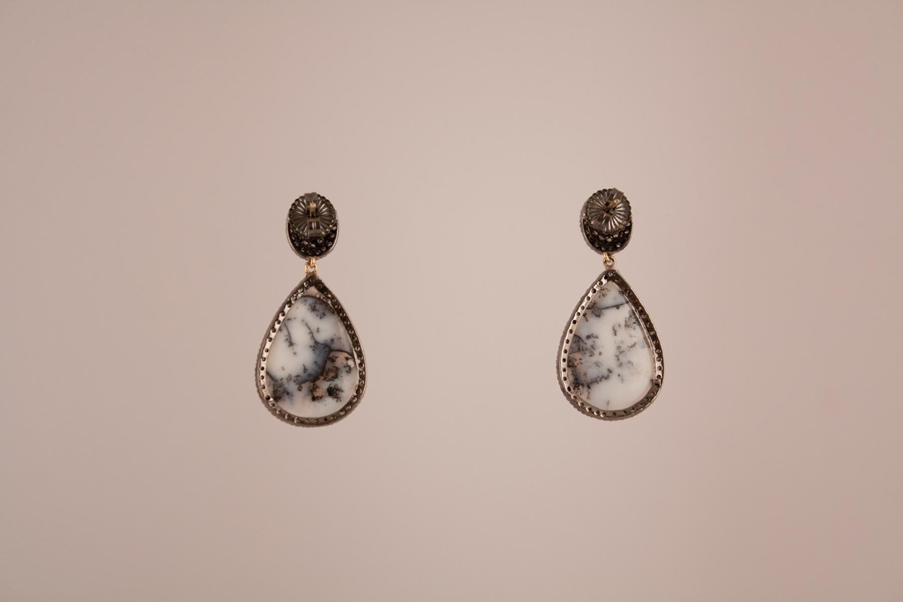 Moss Agate Diamond Drop Earrings In New Condition In Heath, MA