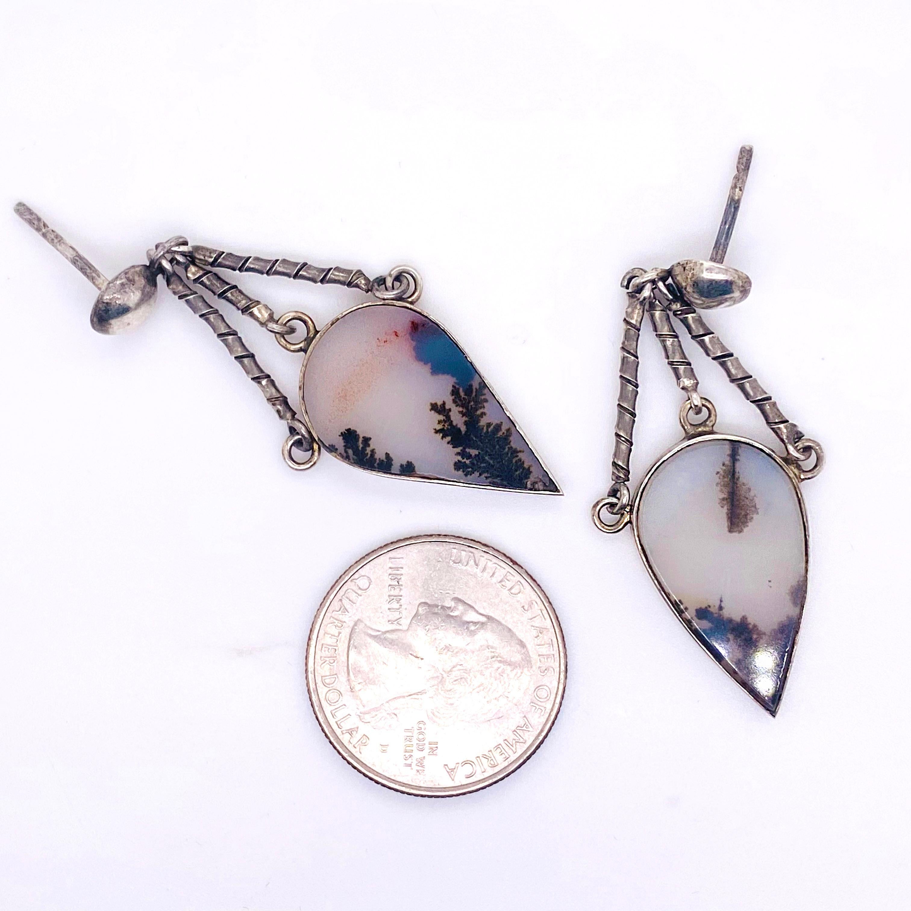 Contemporary Moss Agate Drop Earrings, Sterling Silver Organic Gemstone w Ball Post