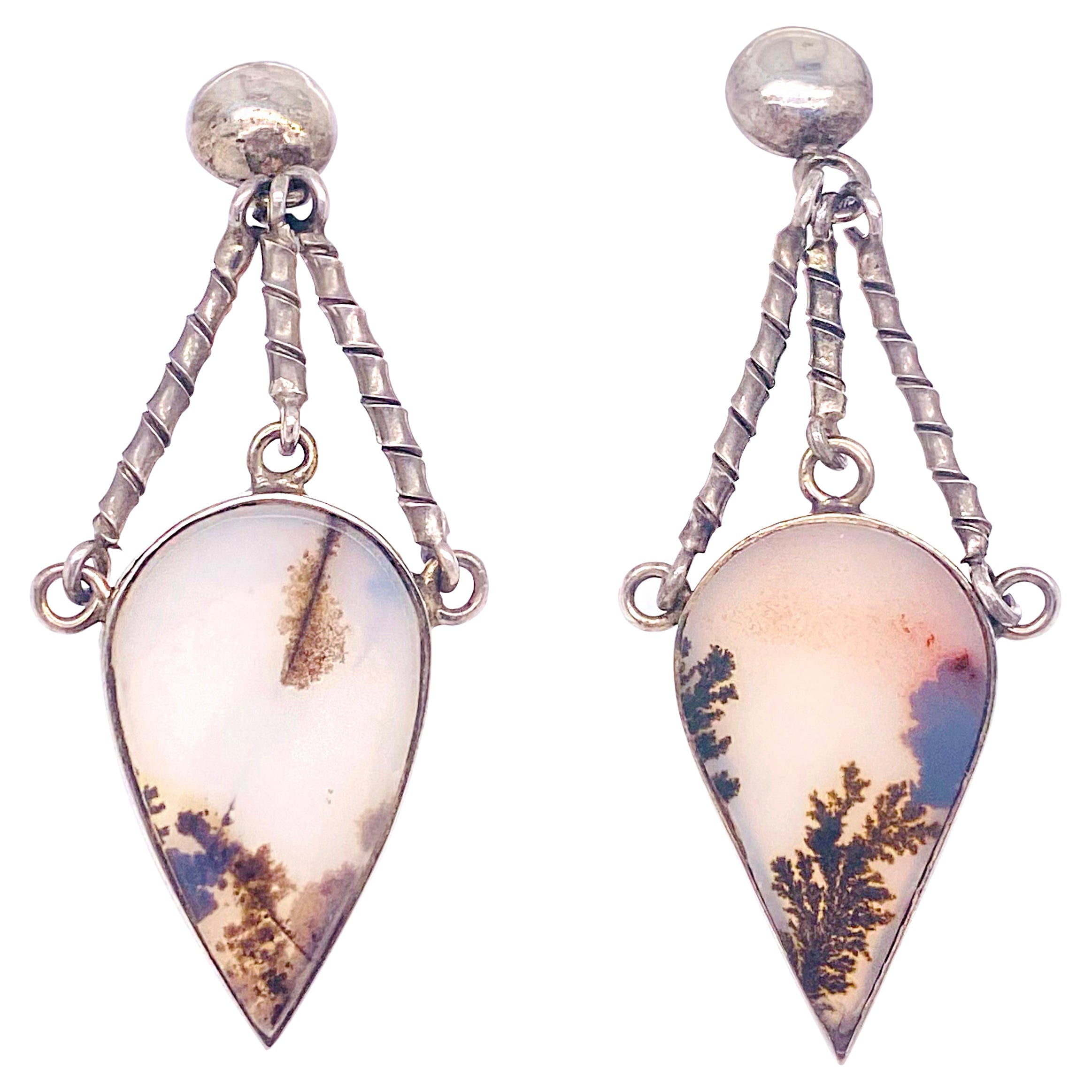 Moss Agate Drop Earrings, Sterling Silver Organic Gemstone w Ball Post