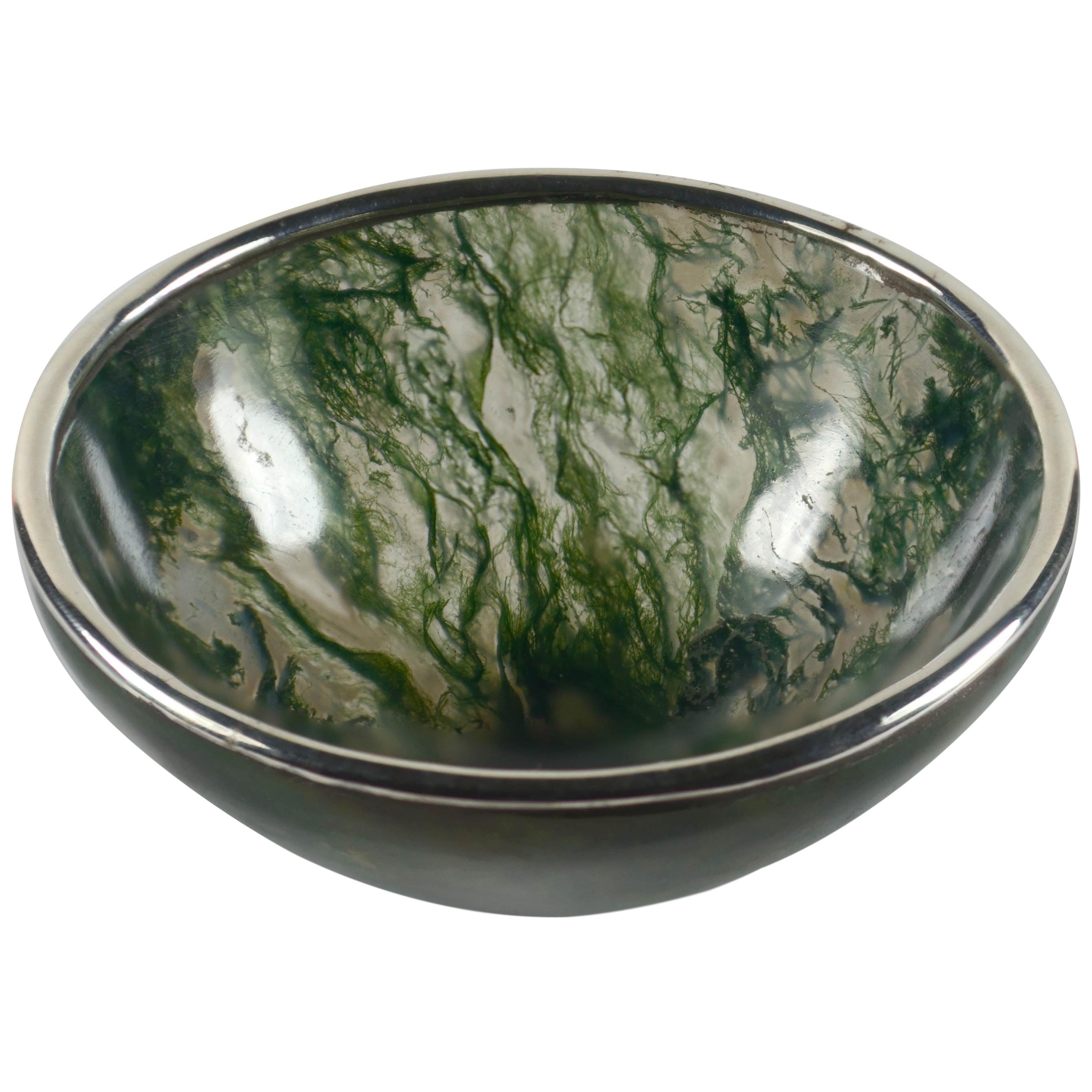 Moss Agate Silver Mounted Bowl For Sale