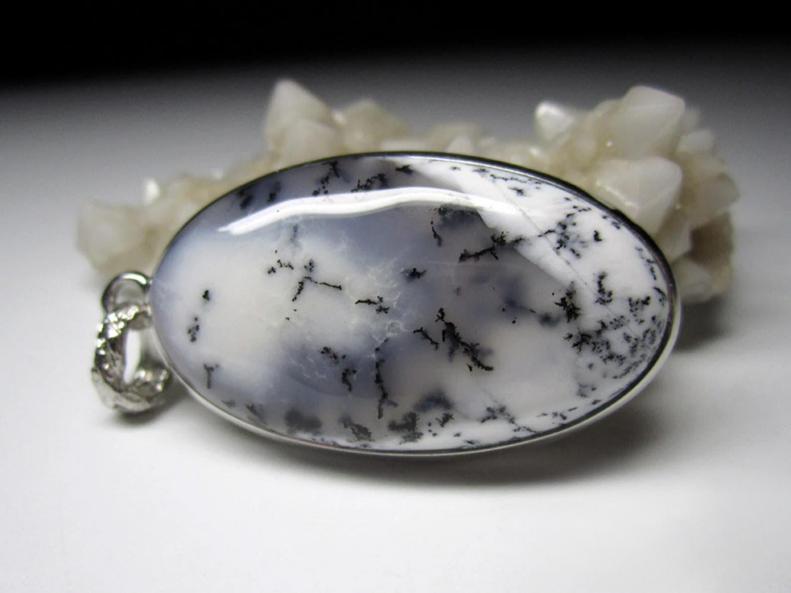 Artisan Moss Agate Silver Pendant Natural Chalcedony Gemstone Minimalistic Style For Sale