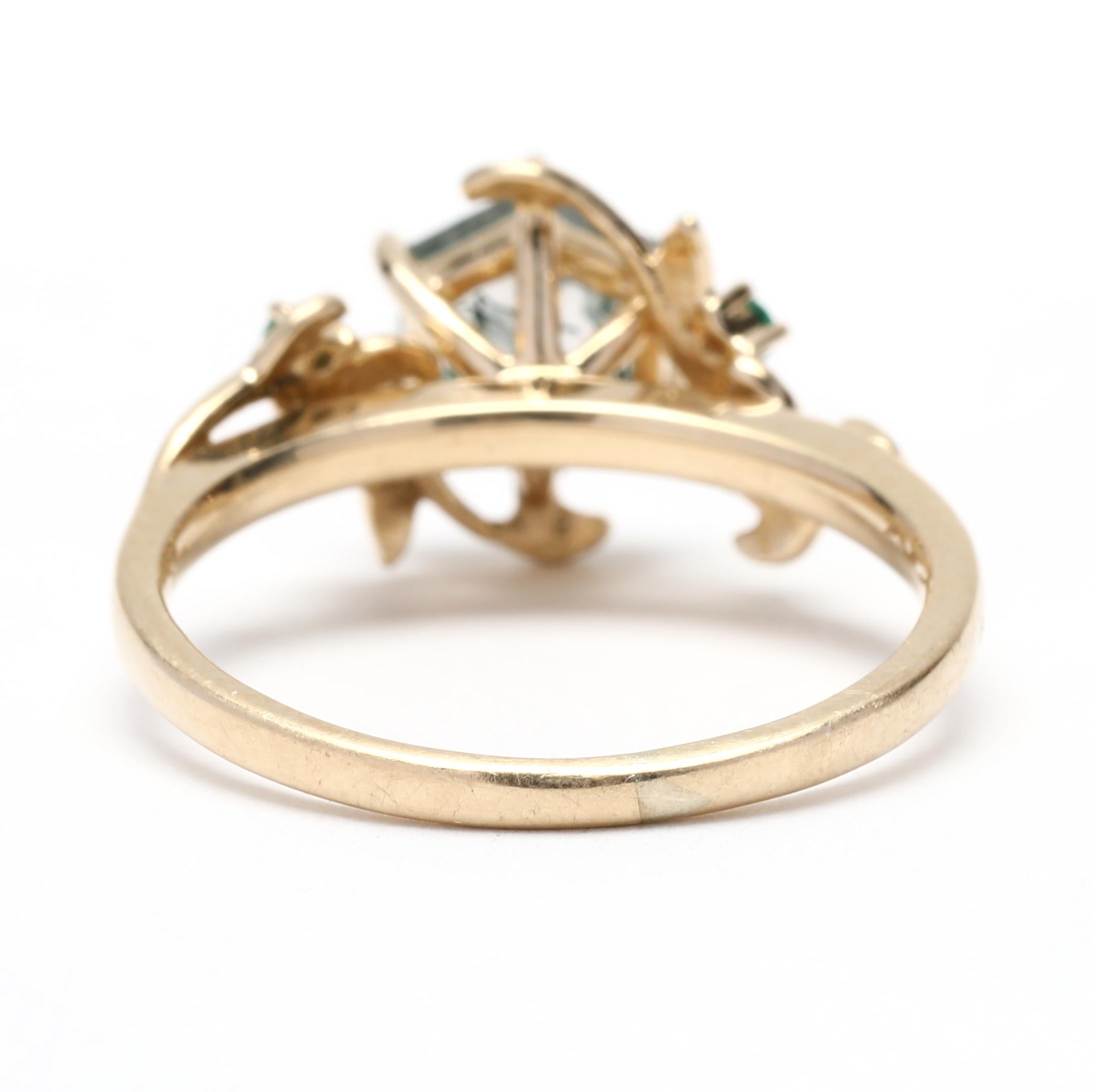Ring mit Moss-Achat, Tsavorit, Granat, Weinreben, 10k Gelbgold (Hexagonschliff)