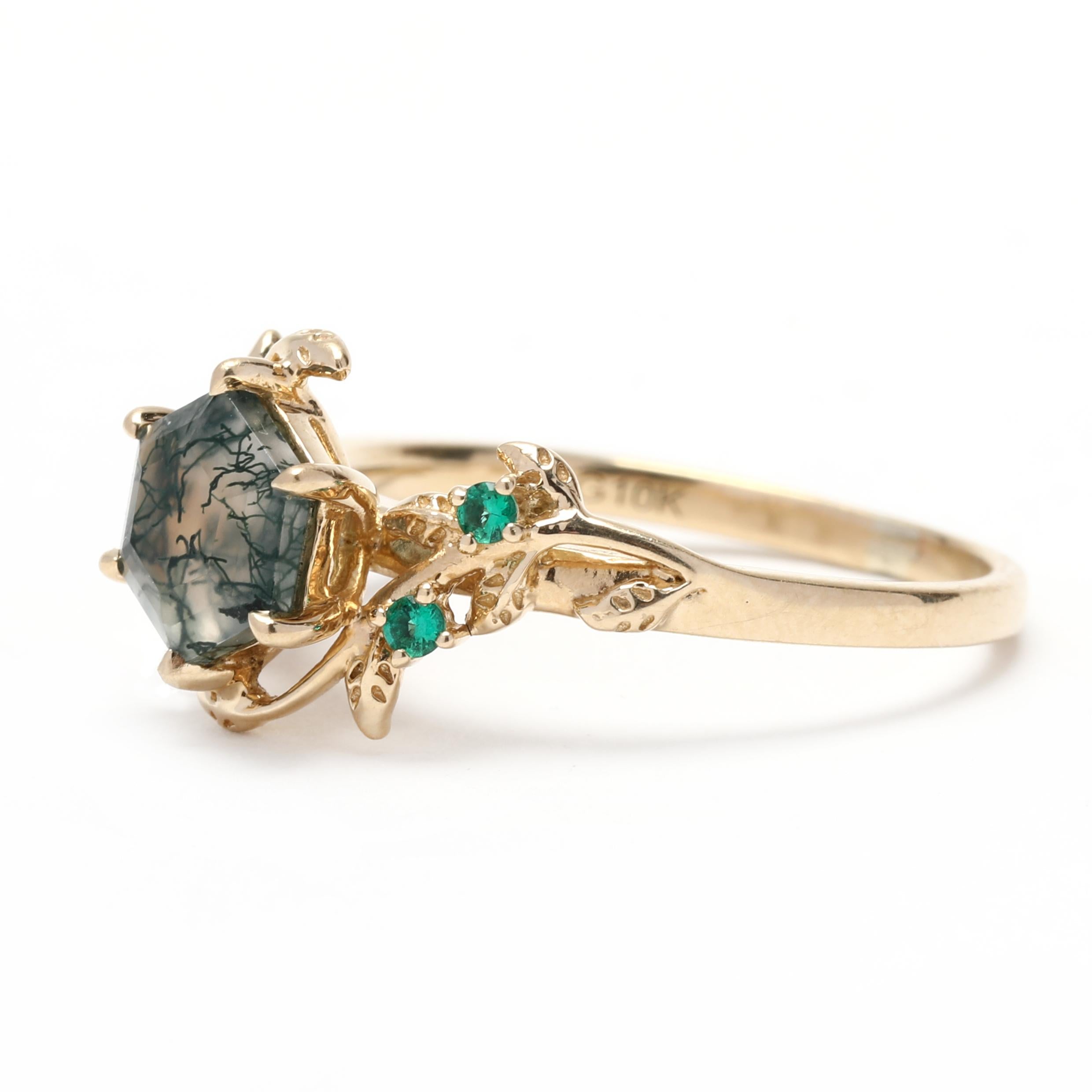 Ring mit Moss-Achat, Tsavorit, Granat, Weinreben, 10k Gelbgold im Zustand „Gut“ in McLeansville, NC