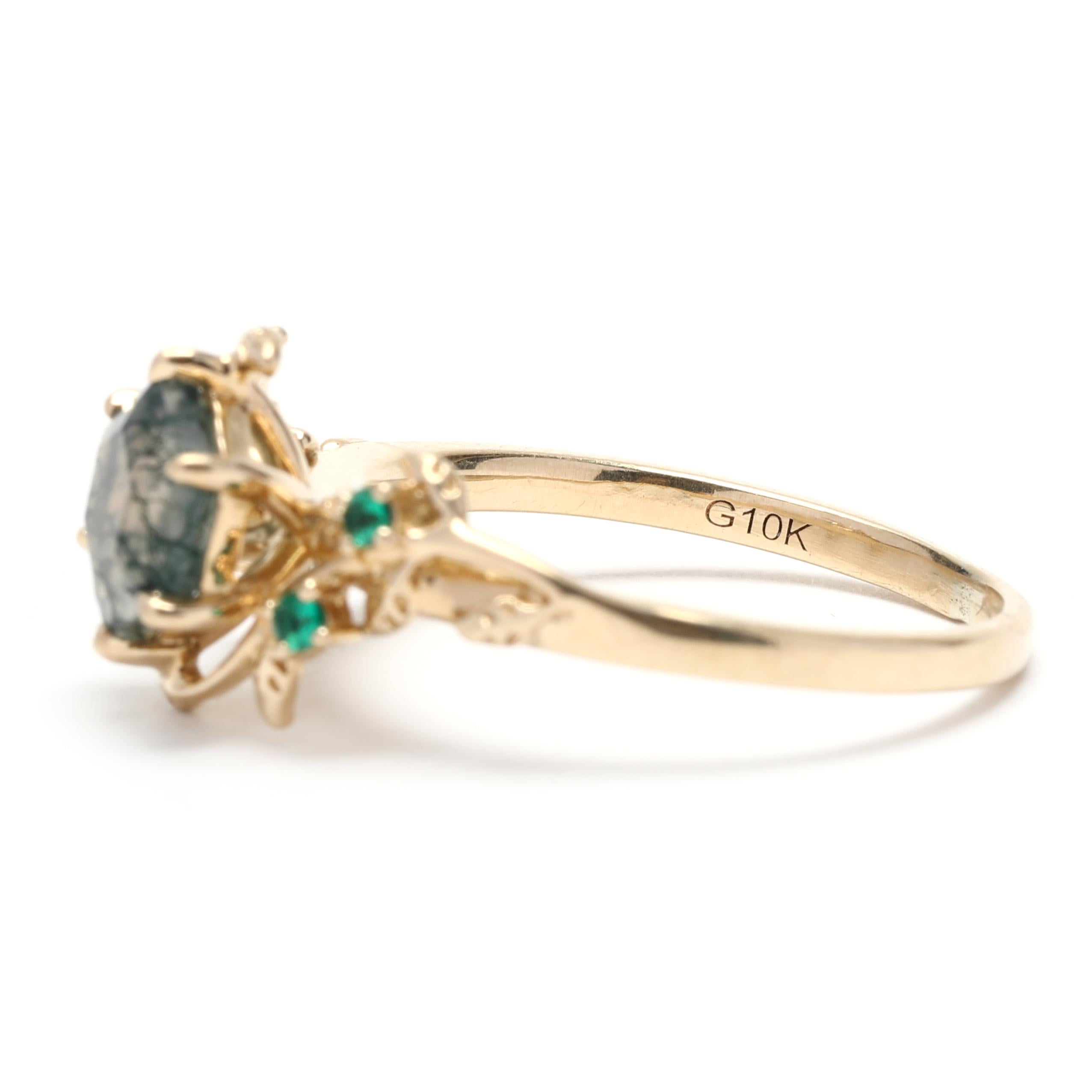 Ring mit Moss-Achat, Tsavorit, Granat, Weinreben, 10k Gelbgold für Damen oder Herren