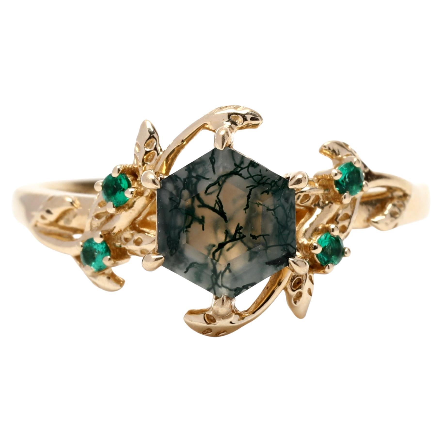 Ring mit Moss-Achat, Tsavorit, Granat, Weinreben, 10k Gelbgold
