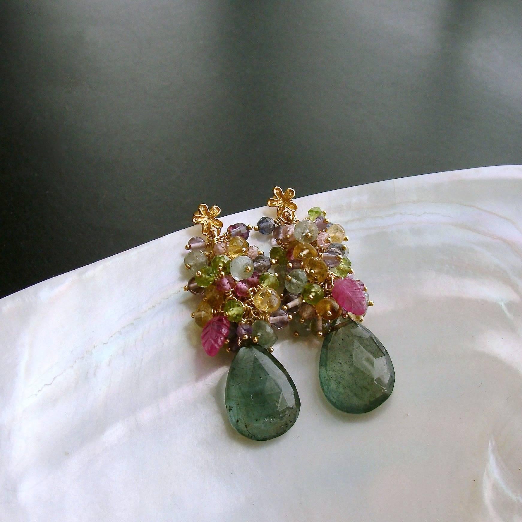 Men's Moss Aquamarine, Pink Topaz/Zircon, Amethyst, Peridot, Iolite Cluster Earrings