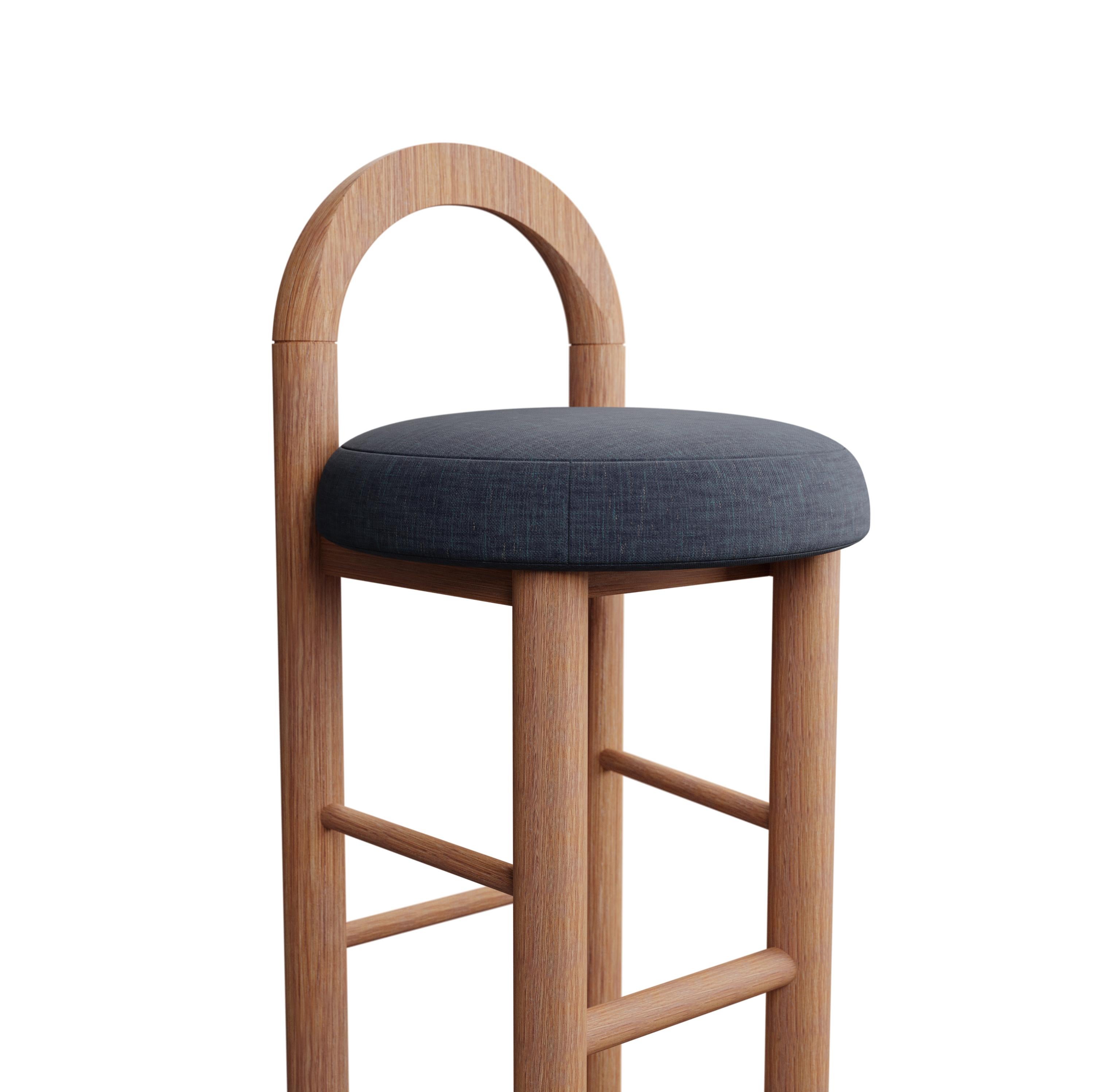 Portuguese Moss Bar Stool U in Denim plain weave fabric handcrafted by Murmurio For Sale