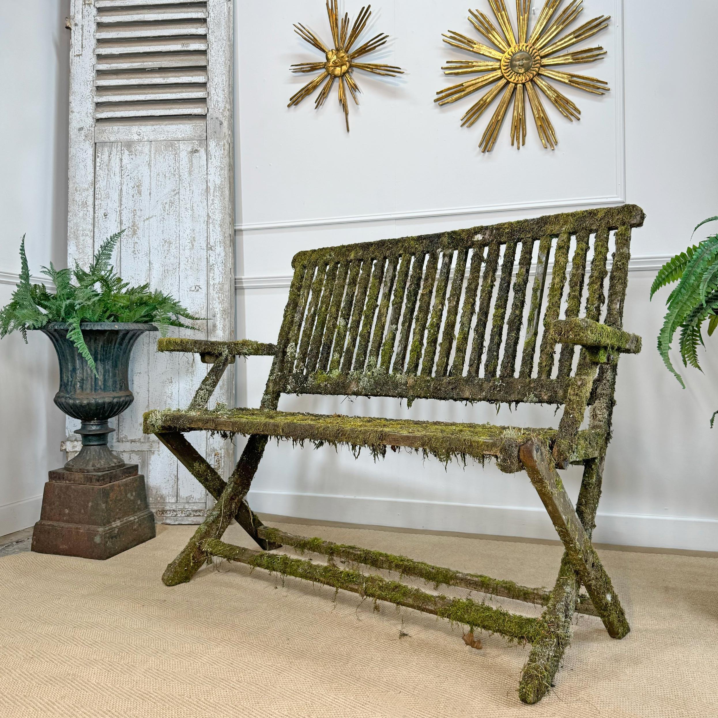 Folk Art Moss Covered Garden Bench For Sale